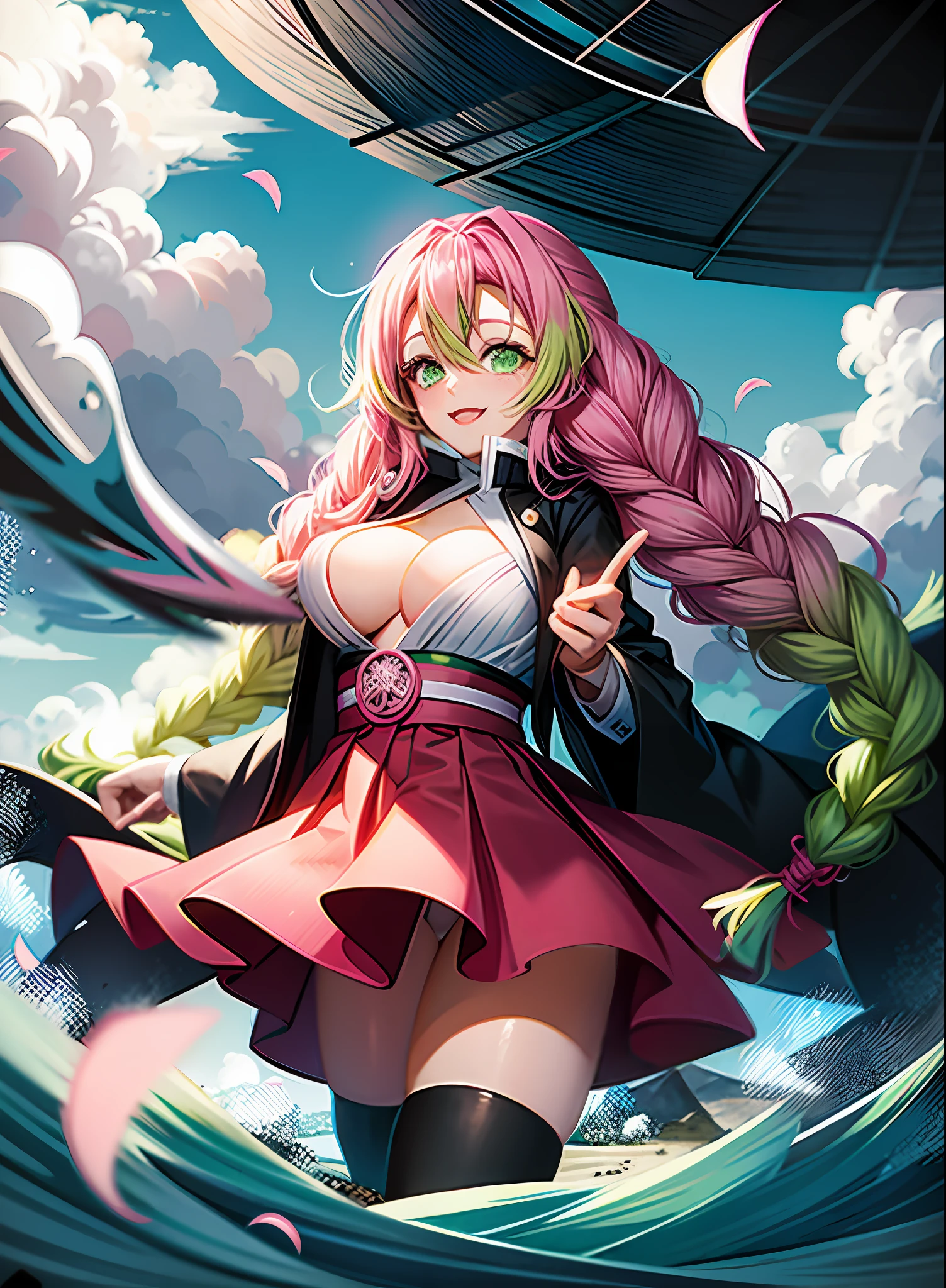 A cartoon girl with pink hair and green eyes with a pink braid, Official Art, Demon Slayer, Kimetsu no Yaiba, Mitsuri Fanart, Mitsuri Kanroji, Official Character Art, Official Art