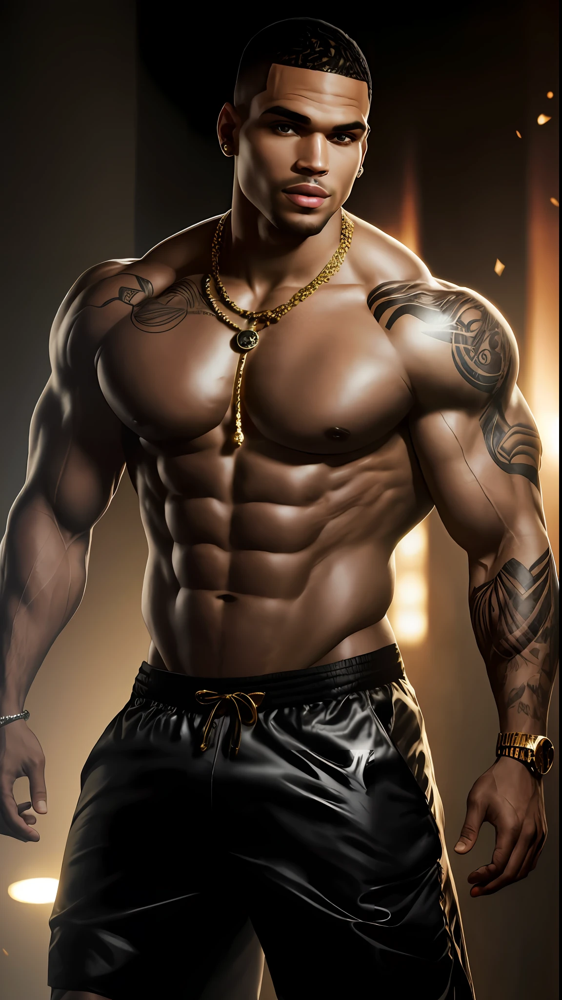 8k portrait of Chris Brown Bodybuilder, smiling, shirtless, intricate, 35 years old, las vegas, full body, looking at the camera, elegant, (black eyes), highly detailed, gym background, majestic, digital photography, art by artgerm and ruan jia and greg rutkowski, black hair, broken glass around (masterpiece, side lighting, beautiful finely detailed eyes: 1.2), hdr