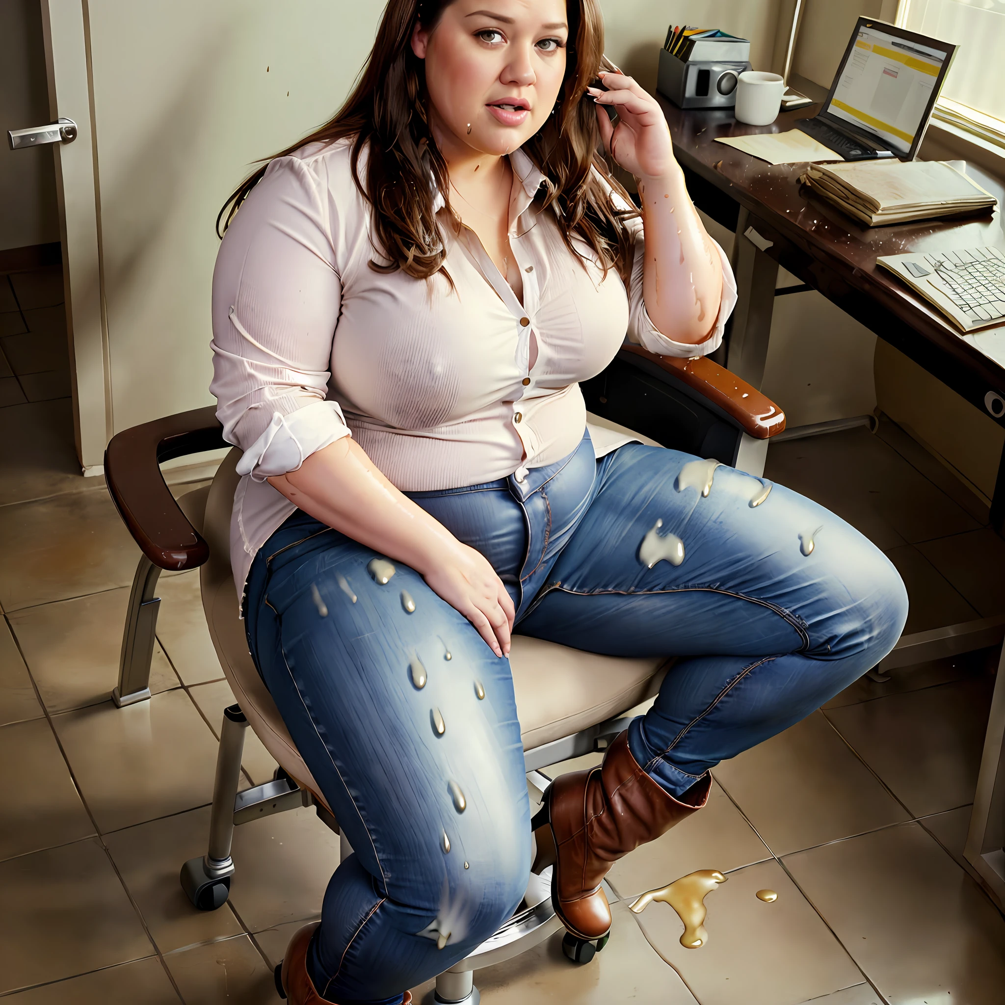 ((Overweight)) ((chubby)), Kelly Clarkson, small breasts, long brown hair, dressed business casual in jeans, blouse, boots, sitting on an office chair, soaked in urine ((urine soaked clothes:1.1)) (((full body shot))) (((full length))) (masterpiece) ((cinematic look)) pleased look on face