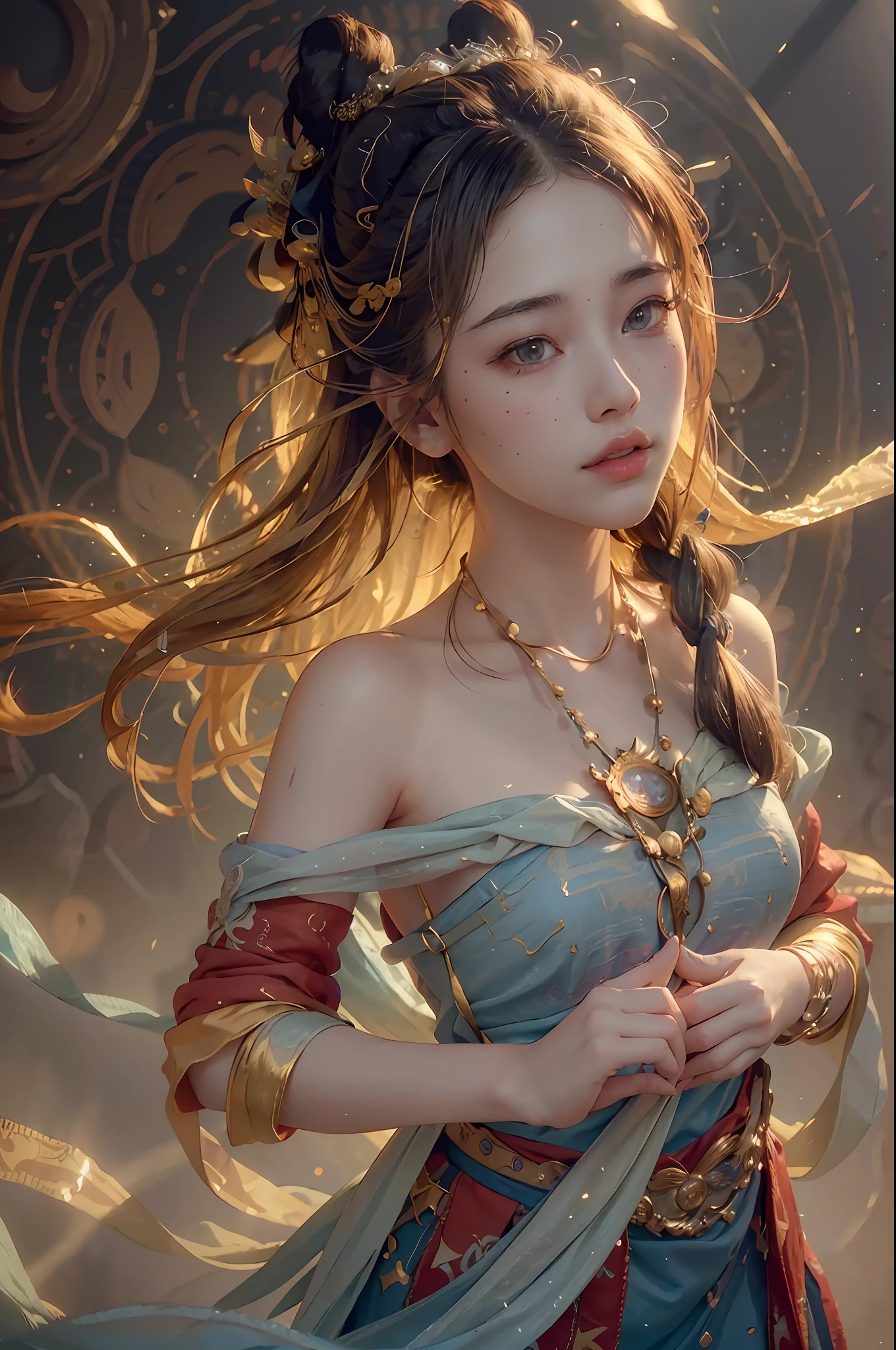 (RAW photo, best quality), (realistic, photo-realistic:1.3),best quality,highly detailed,masterpiece,ultra-detailed,illustration,1girl,upper_body,dynamic angle,world masterpiece theater,messy_long_hair,best quality,extremely detailed CG unity 8k wallpaper,ink,Amazing,cinematic lighting,lens_flare,,dunhuang_style