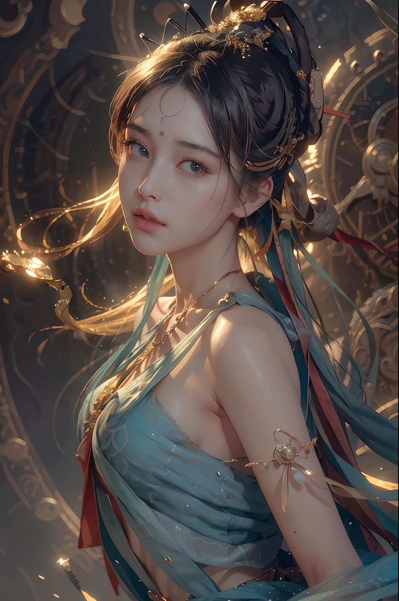 (RAW photo, best quality), (realistic, photo-realistic:1.3),best quality,highly detailed,masterpiece,ultra-detailed,illustration,1girl,upper_body,dynamic angle,world masterpiece theater,messy_long_hair,best quality,extremely detailed CG unity 8k wallpaper,ink,Amazing,cinematic lighting,lens_flare,,dunhuang_style