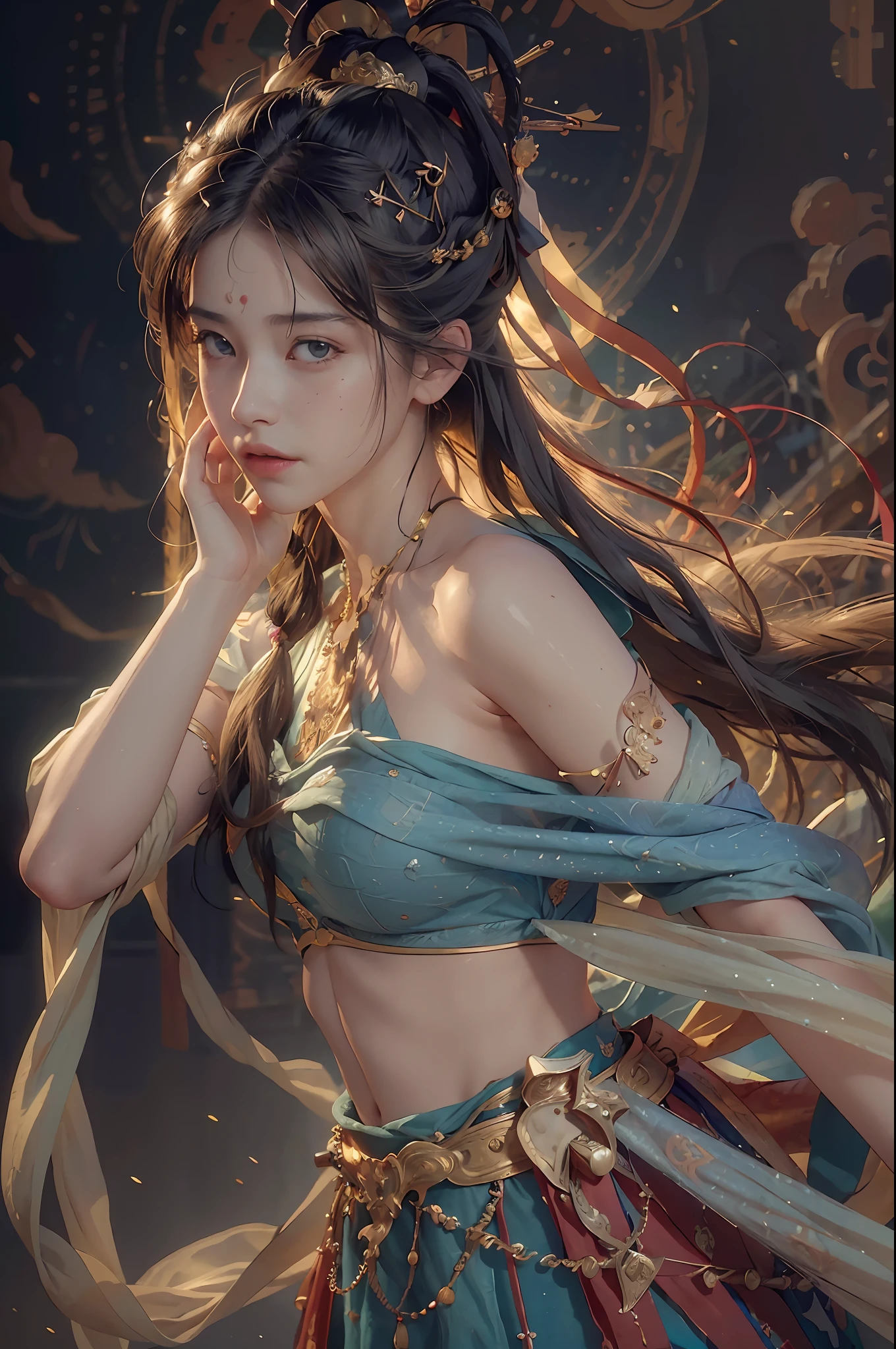 (RAW photo, best quality), (realistic, photo-realistic:1.3),best quality,highly detailed,masterpiece,ultra-detailed,illustration,1girl,upper_body,dynamic angle,world masterpiece theater,messy_long_hair,best quality,extremely detailed CG unity 8k wallpaper,ink,Amazing,cinematic lighting,lens_flare,,dunhuang_style