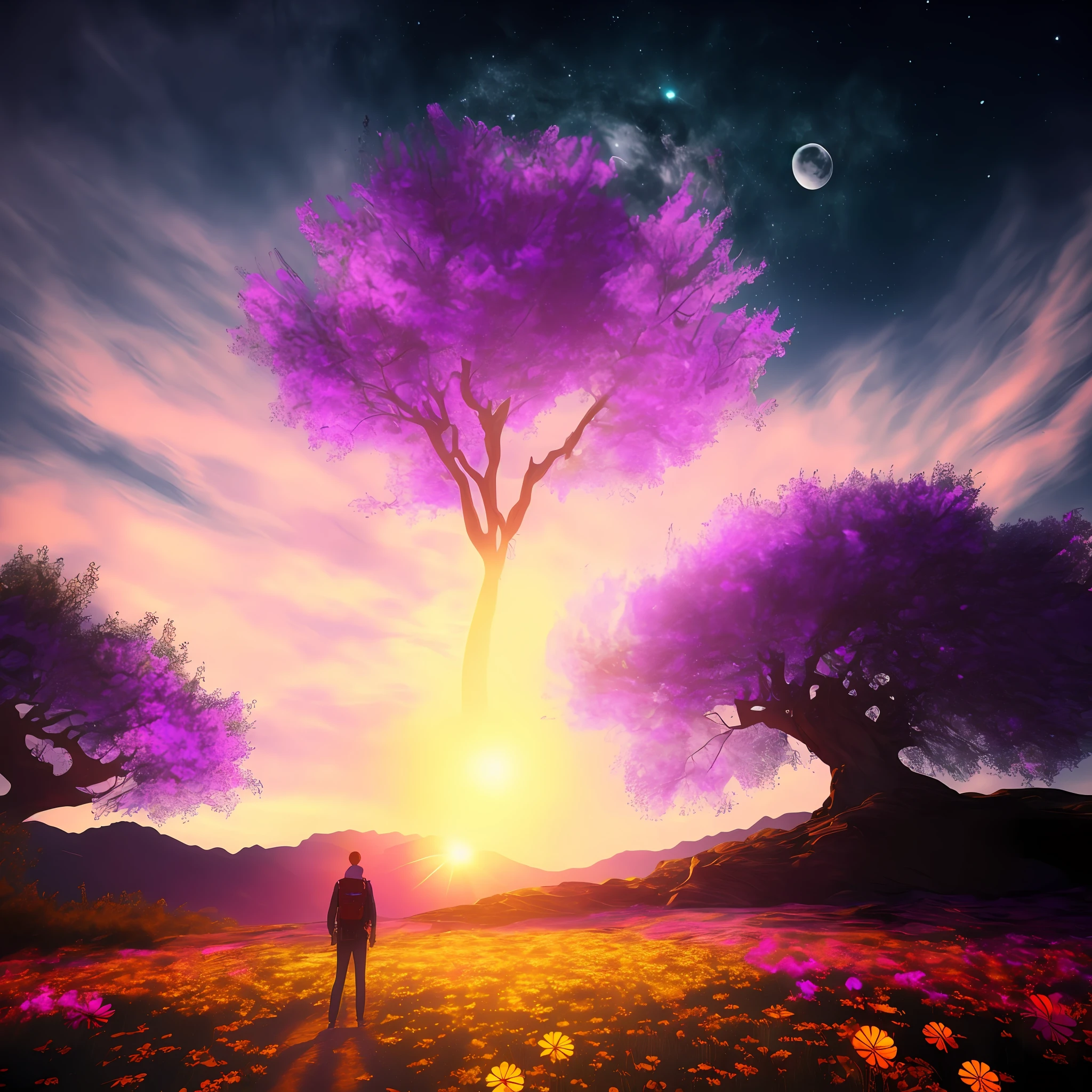 (a view from below that shows the sky above and the open field below), a girl standing in a field of flowers looking up, (full moon: 1.2), (shooting stars: 0.9), (nebula: 1.3), distant mountain, tree BREAK production art, (hot light source: 1.2), (Firefly: 1.2), lamp, very purple and orange, complex details, volumetric lighting, realism BREAK (masterpiece: 1.2), (best quality), 4k, ultra-detailed, highly detailed, colorful details, (iridescent colors: 1.2), (bright lighting, atmospheric lighting), dreamy, magical