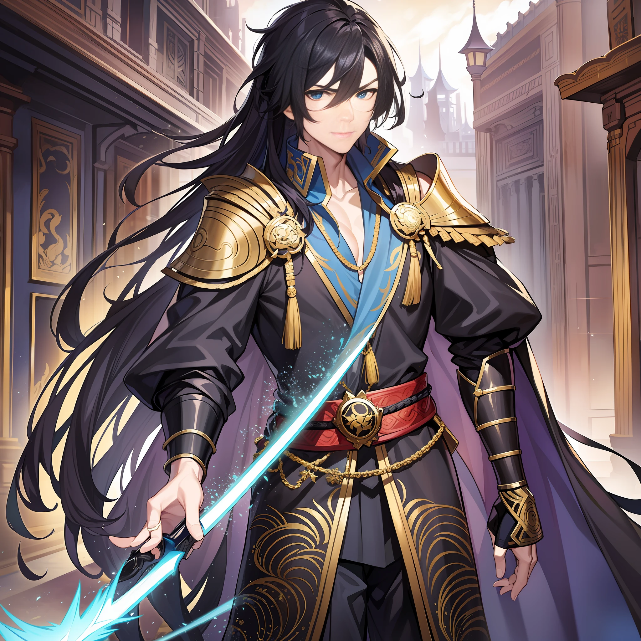 This long-haired boy in costume wore a gorgeous black robe embroidered with golden patterns, and his body exuded a samurai atmosphere. His face is handsome, his features are distinct, and his long black hair is draped over his shoulders, shining like a black waterfall. He stood in the courtyard of the palace, with a sword hanging from his shoulder and a blue jade pendant in his hand, his gaze intrigued but firm.