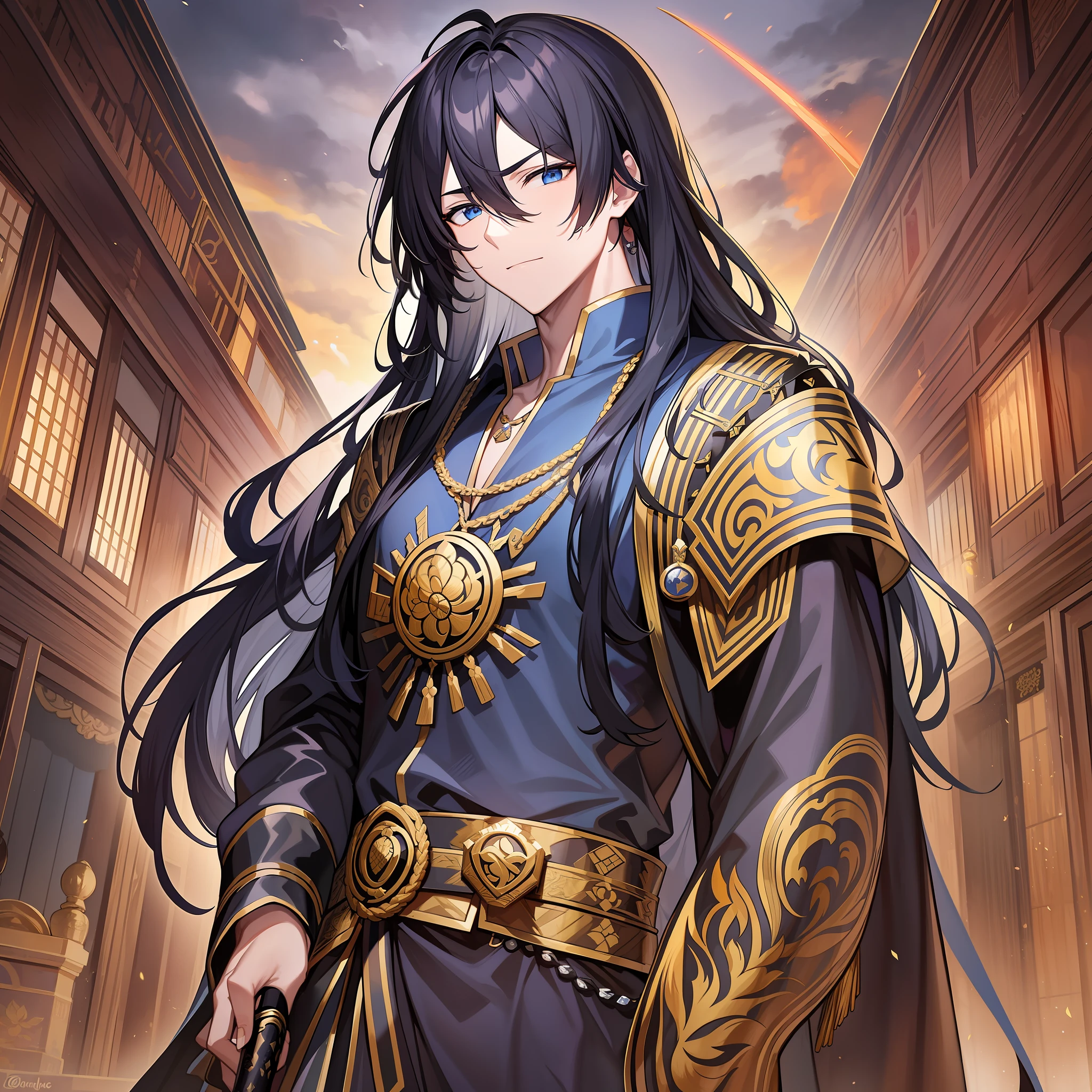 This long-haired boy in costume wore a gorgeous black robe embroidered with golden patterns, and his body exuded a samurai atmosphere. His face is handsome, his features are distinct, and his long black hair is draped over his shoulders, shining like a black waterfall. He stood in the courtyard of the palace, with a sword hanging from his shoulder and a blue jade pendant in his hand, his gaze intrigued but firm.