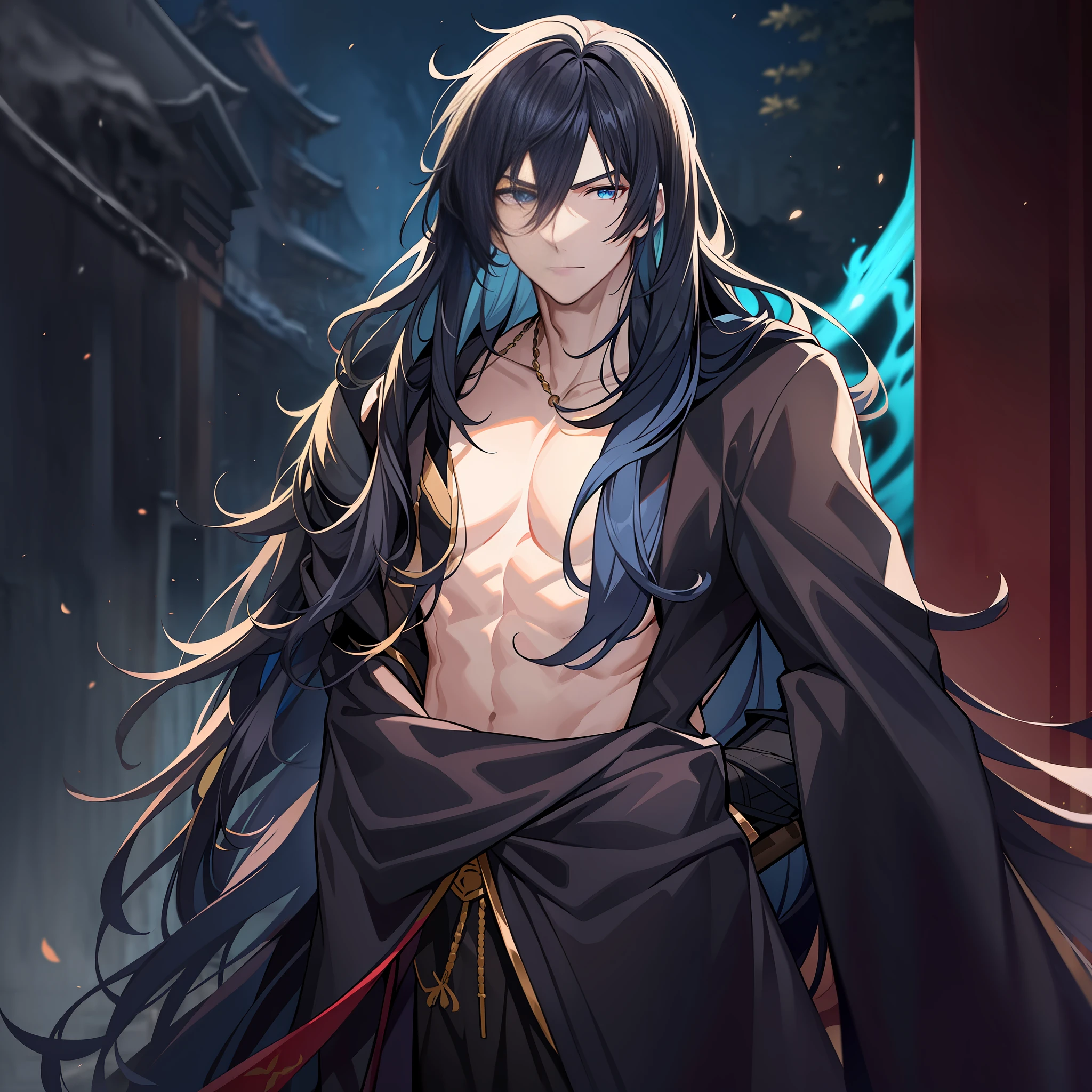This long-haired boy in costume wore a gorgeous black robe embroidered with golden patterns, and his body exuded a samurai atmosphere. His face is handsome, his features are distinct, and his long black hair is draped over his shoulders, shining like a black waterfall. He stood in the courtyard of the palace, with a sword hanging from his shoulder and a blue jade pendant in his hand, his gaze intrigued but firm.
