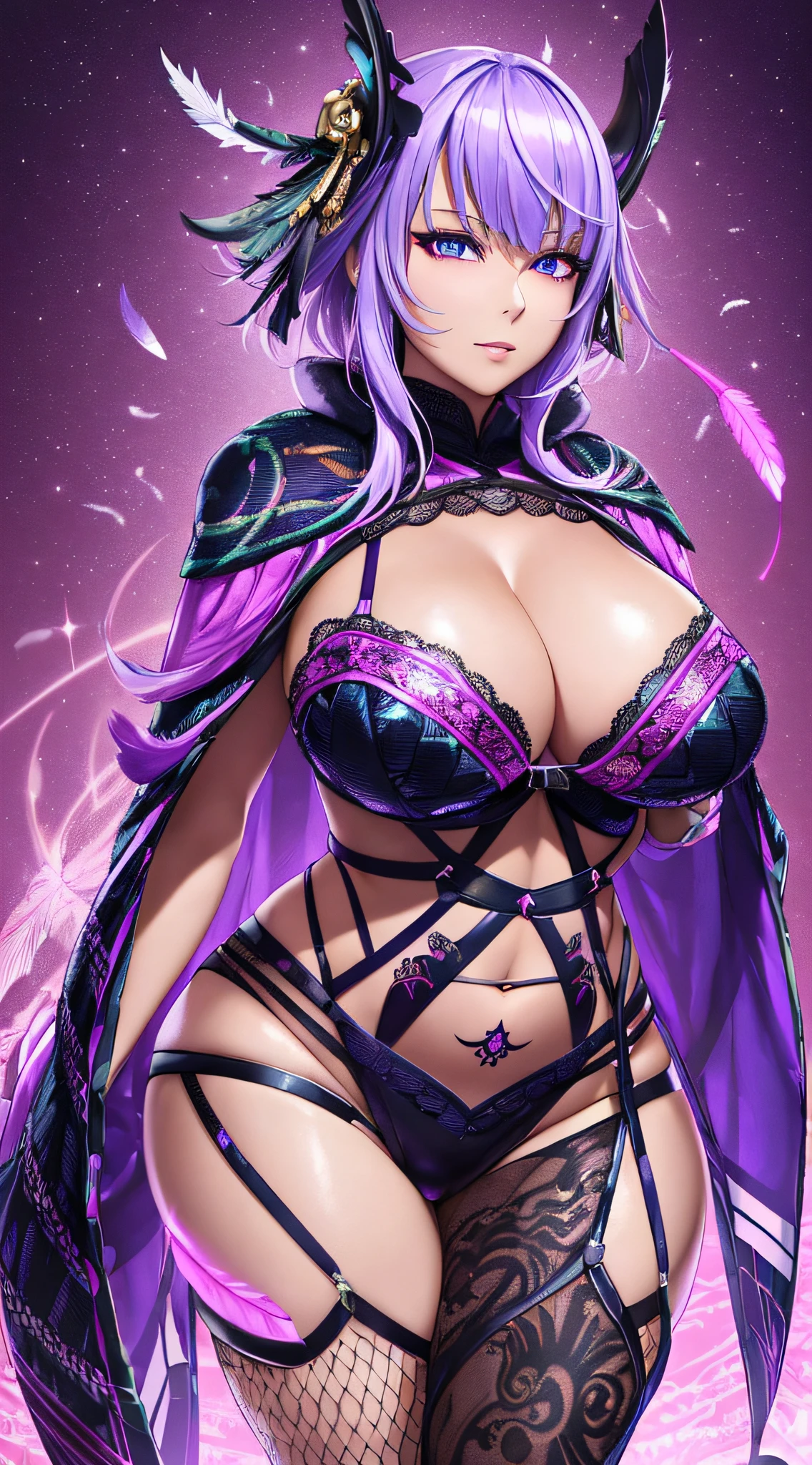 nighttime,full body,Genshin Impact:Raiden Shogun,(((Wearing Fluorescent fabric:harem outfit,Suzhoou embroidery technique:Lace sequin cloak woven from feathers))), Fabric Glows, Masterpiece,best quality,extremely detailed 3DCG, Cinema-4D ,8k,Photorealistic, ( ##tattoo ##,tattoo, ~+ tattoo), (erfect female curves, huge stacked breast and proud cleavage),(A seductive gaze), Facing the camera, Pink lips,Blacklight lighting,