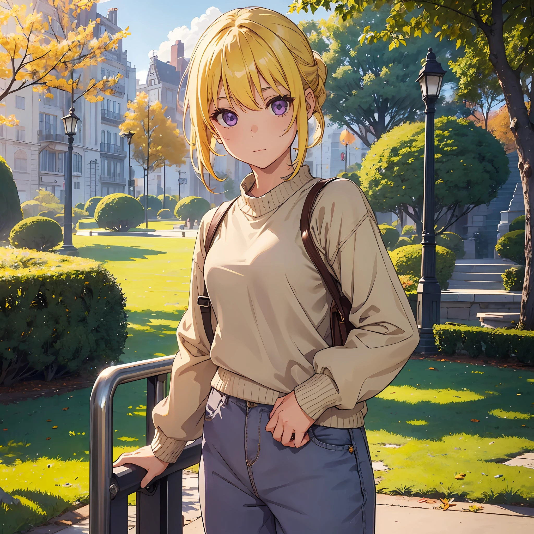 (1girl), solo, yellow hair, purple eyes, cute tan sweater, grey pants, sunny park scenery