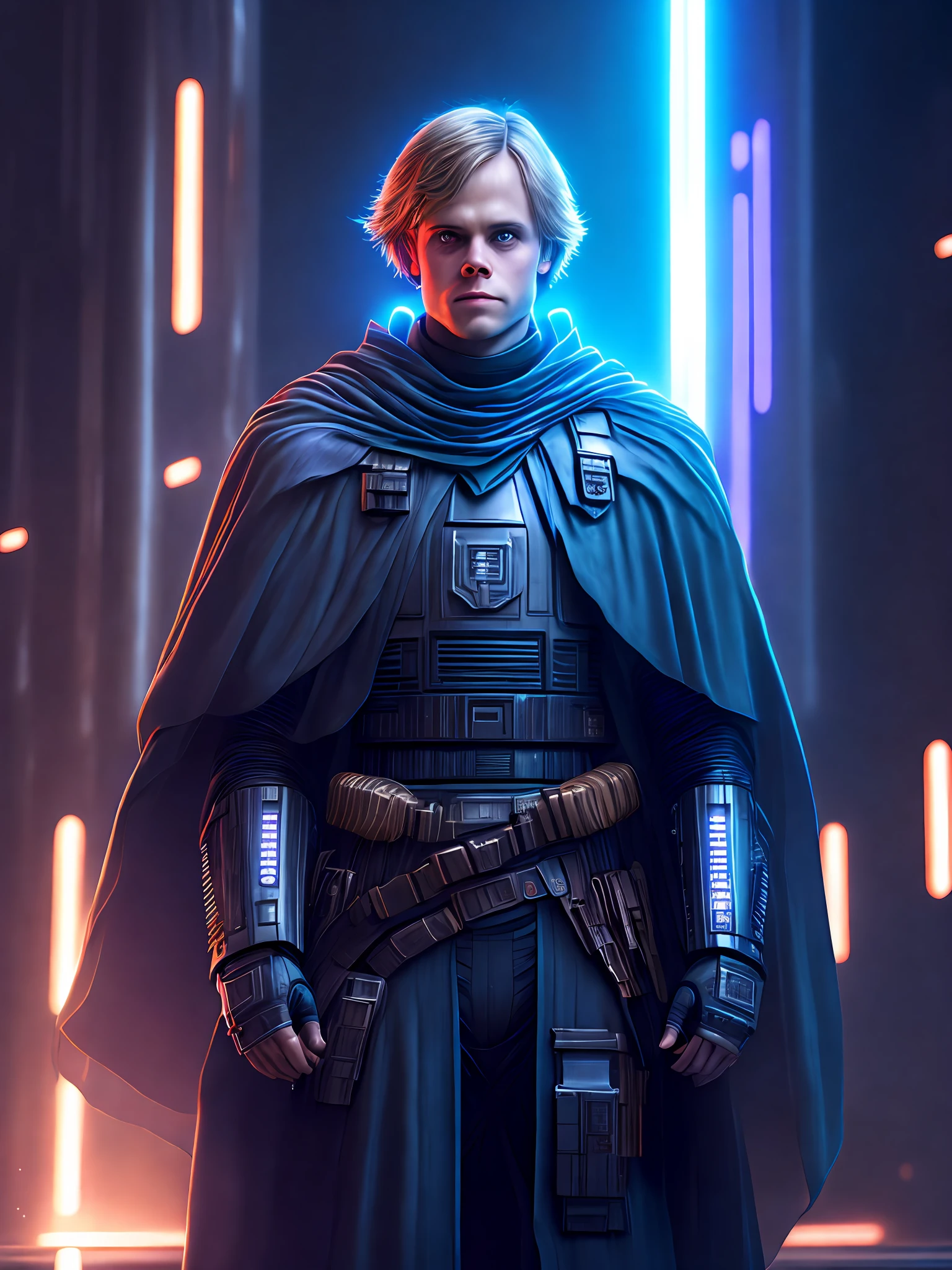 Portrait, Luke Skywalker from Star Wars, biomechanical, complex robot, full growth, hyper-realistic, insane small details, extremely clean lines, cyberpunk aesthetic, masterpiece featured on Zbrush Central, gothic brutalist cathedral, cyberpunk, award-winning photo, bokeh, neon lights, cybernetic limb