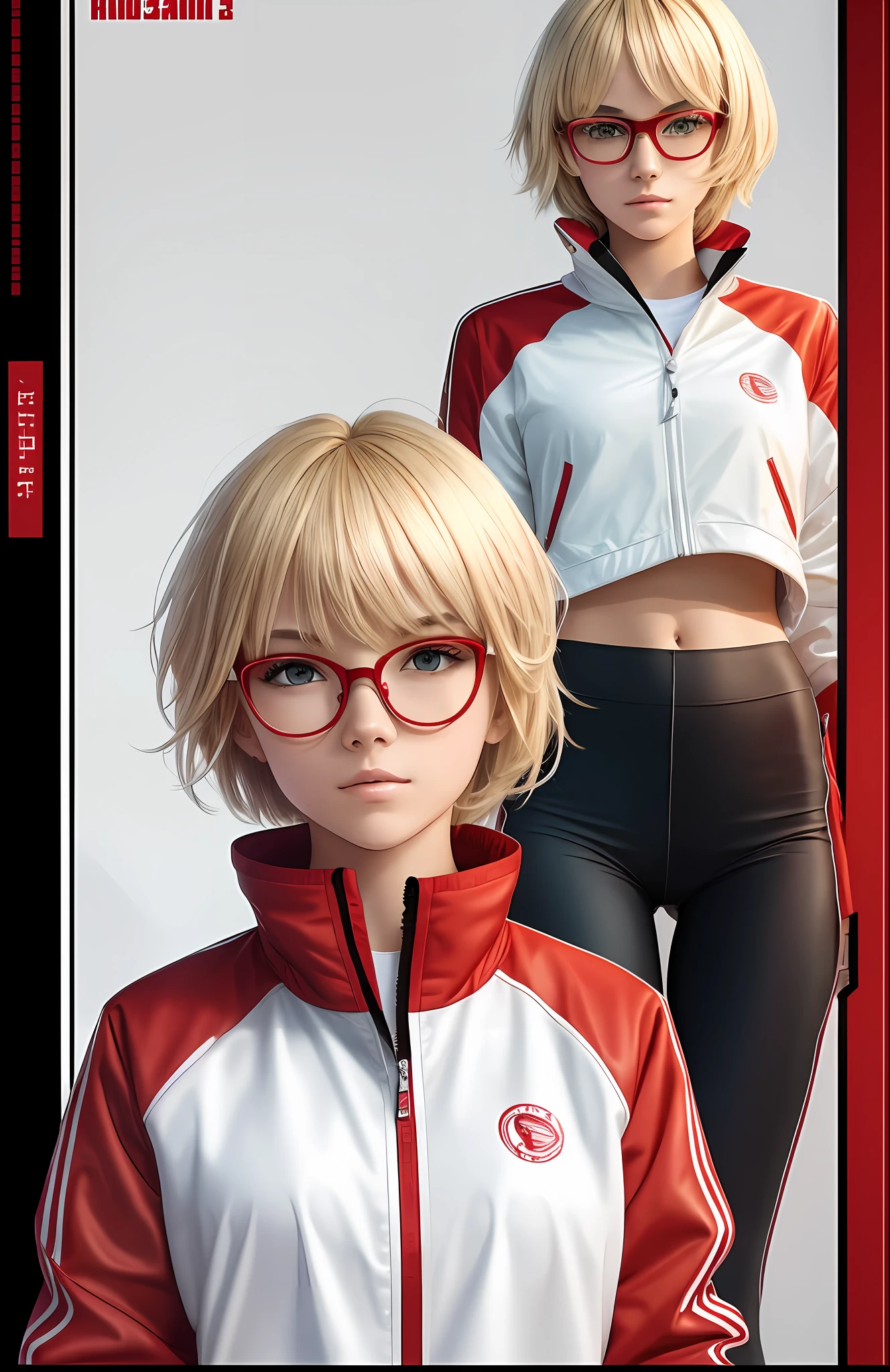 2d character, tall, pretty, young, teenager, short blonde hair, bangs, wears red glasses, confident face, has an athletic body, wears leggings, wears a white jacket with red details --auto --s2