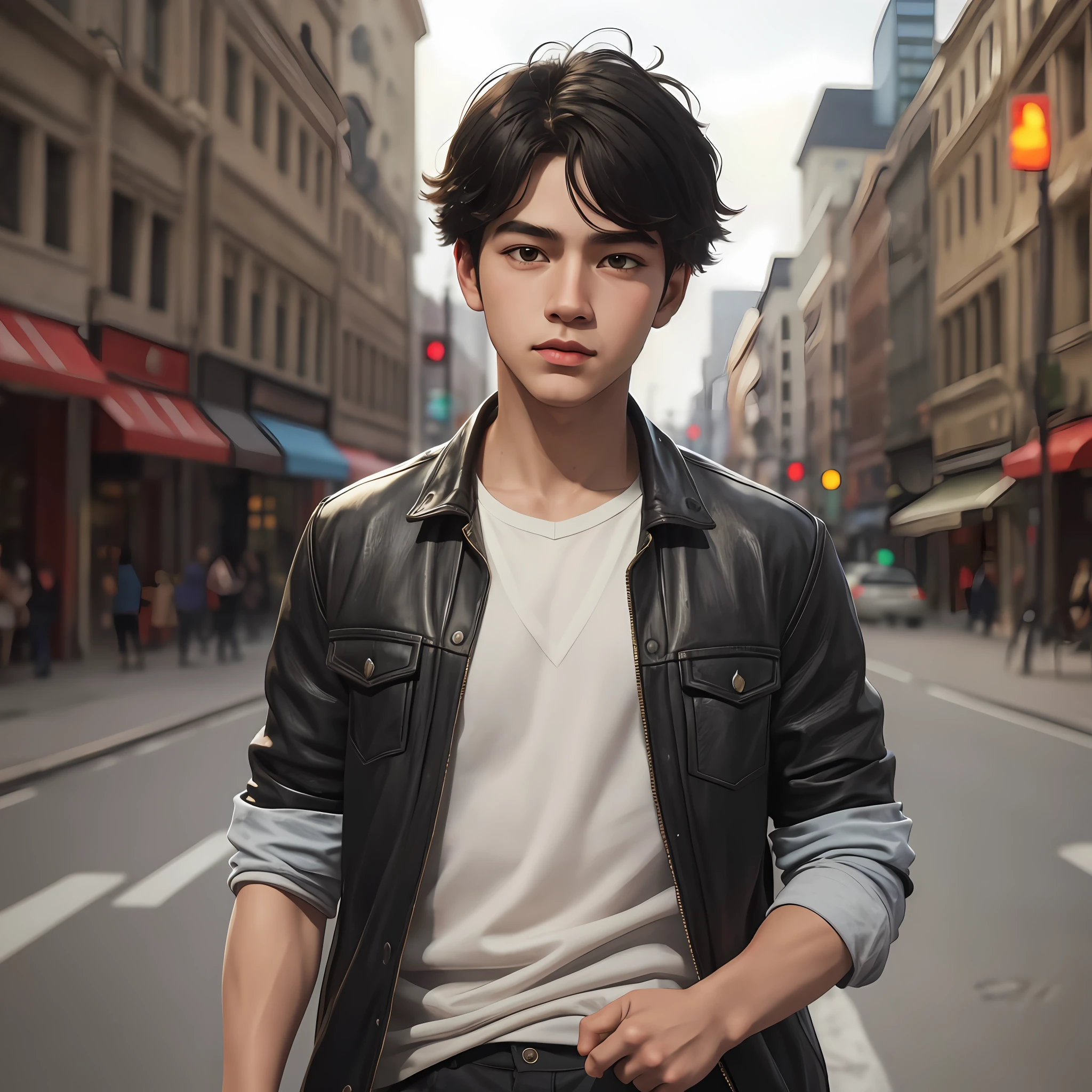 Masterpiece, best quality, (realistic, very detailed), boy, cute face, short black hair, urban clothes, sensual, atmosphere, (realism: 1.5), 8k