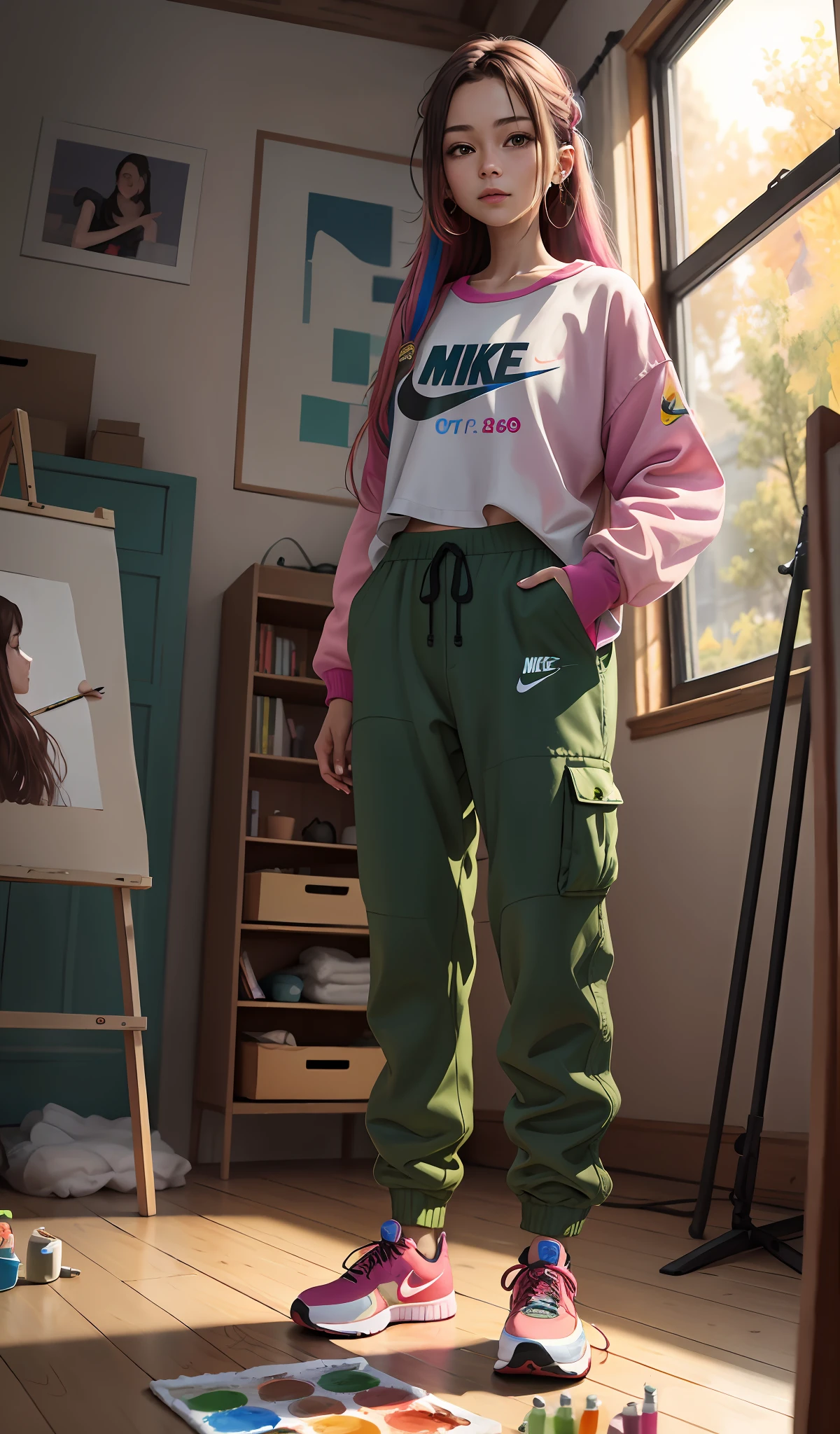 4k, realistic, very detail, there is a girl in the room painting, she is a artist, colorfull theme, soft clothes, long hair, wearing baggy pants, 25 years old, full body, wearing nike shoes