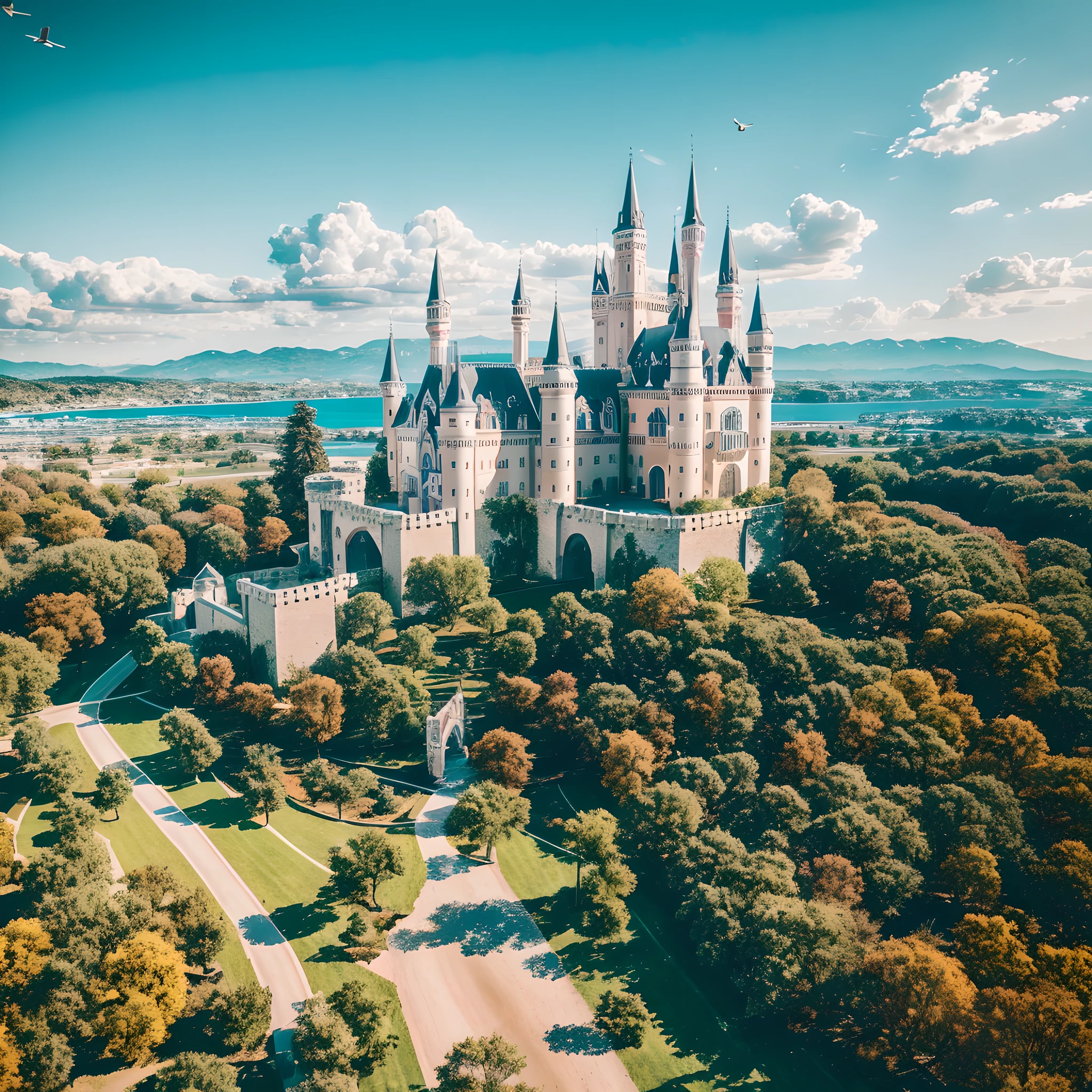 RAW Photos of Scene, Small Detail, Realistic, Ultra Realistic Photos, 8k Ultra HD, DSLR, Soft Light, High Quality, Film Grain, Fujifilm XT3, (Masterpiece) Castle, Beautiful Landscape, Birds, Vivid Colors, Sunny Weather, Drone Shooting Angle Path, 8k Quality, Movie Focus --auto --s2