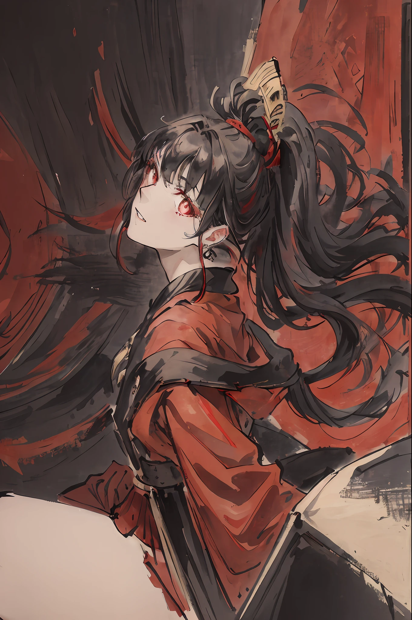 Black hair and red eyes, single ponytail, red skirt, red skirt, black and red color scheme, masterpiece, best girl, best beauty, world masterpiece theater, super fine, extreme quality, extreme high resolution, best 1girl, extreme illustration, looking at the audience, impasto, canvas, oil painting, realistic, realist, realist, real, modern