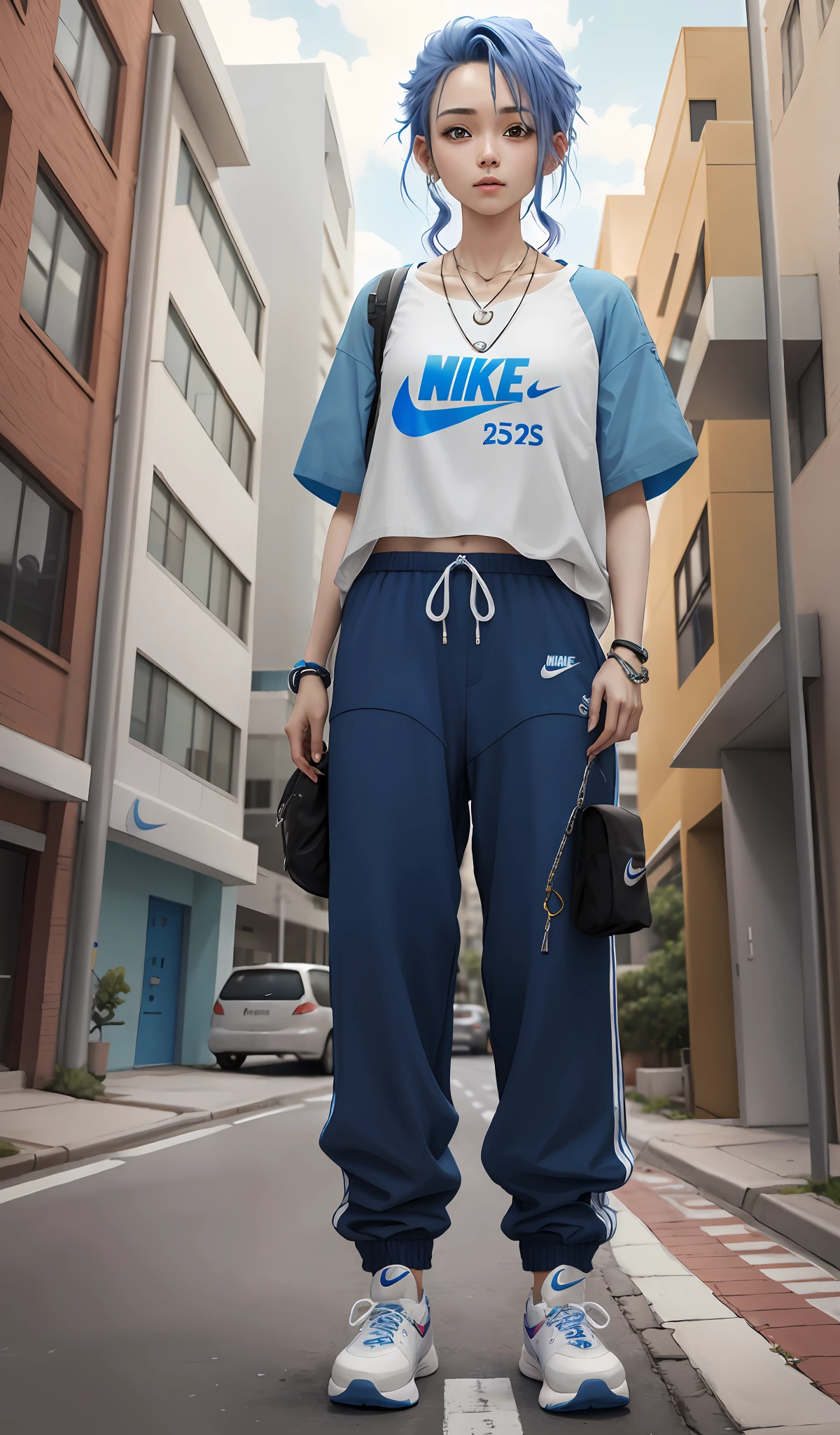 4k, realistic, carismatic, very detail, there is a girl in the whospital, baggy pants, blue theme, cute hair, 25 years old, full body, wearing nike shoes, necklace, wearing many bracelet