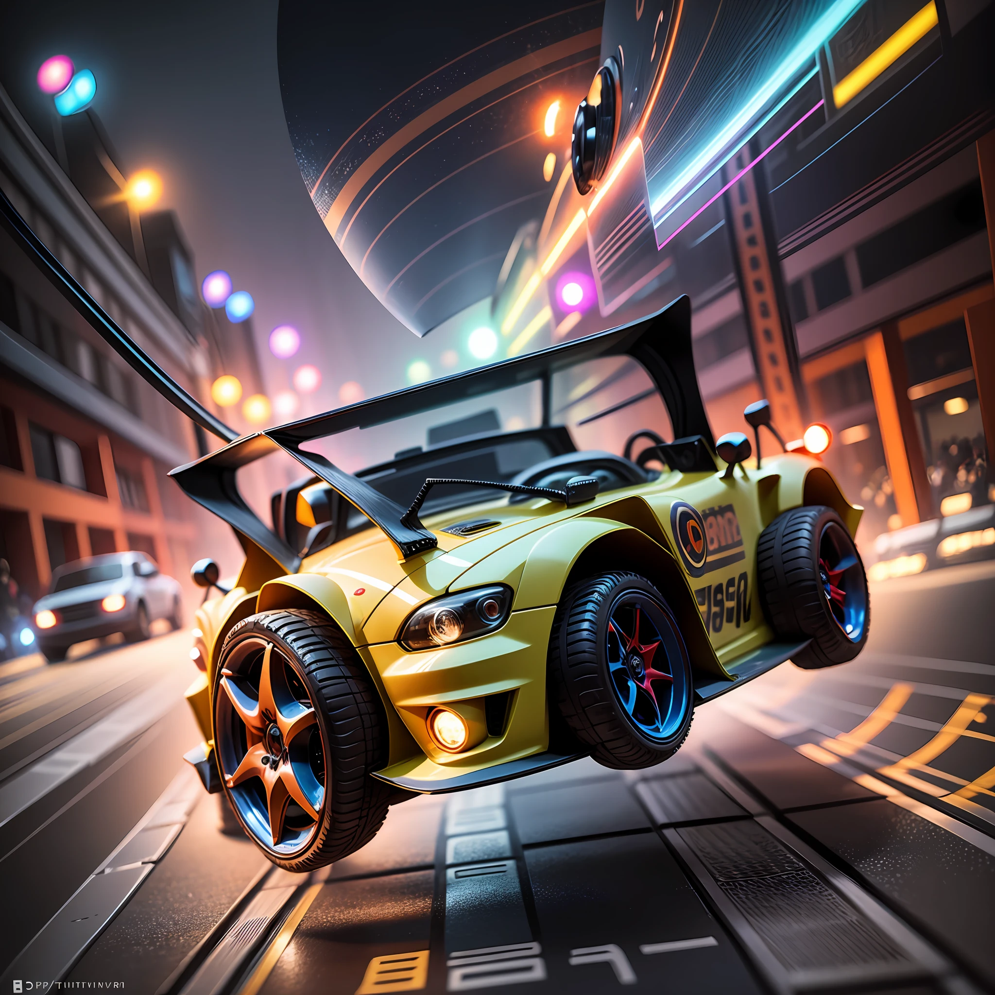 Toy car close-up with glowing wheels, crazy racing spins, vibrant and dynamic tumbling cars ,stunts, 360 spins, cool backgrounds , with text, stunning special effects, , dynamic ,8K, delicate, black tech, poster, award-winning, aperture, bokeh background, illustrations, games, boldness, art --auto --s2