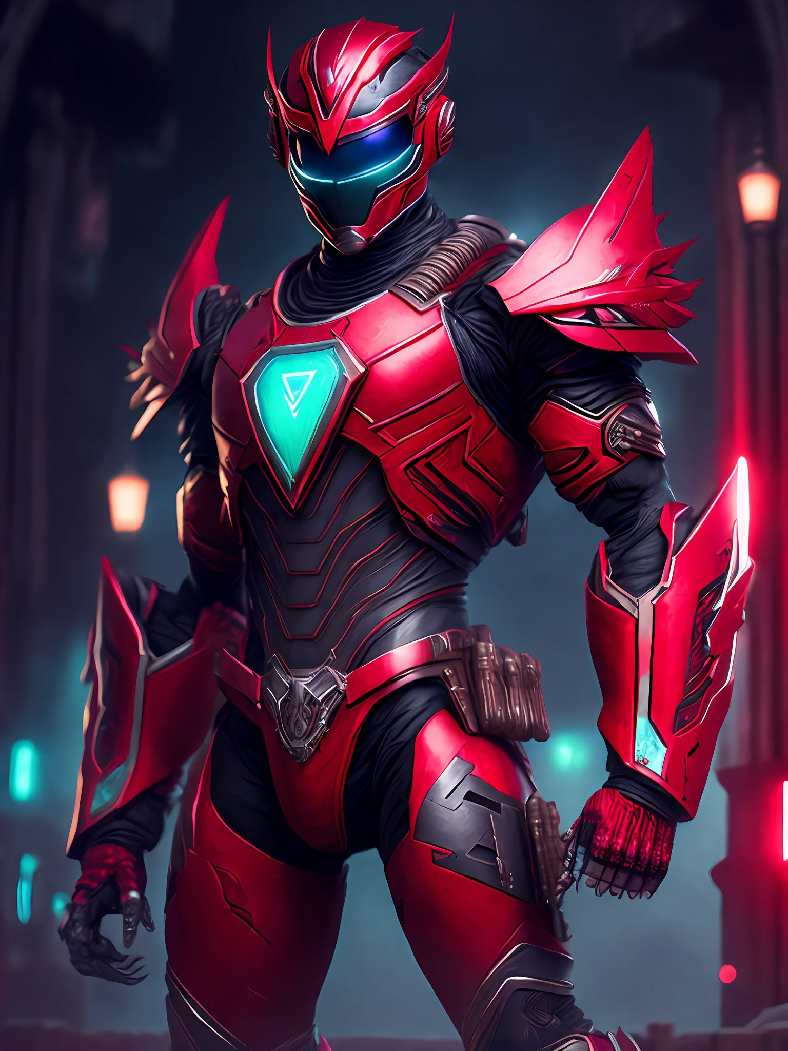 Portrait, Zombie Red Ranger from Power Rangers, biomechanical, complex robot, full growth, hyperrealistic, insane small details, extremely clear lines, cyberpunk aesthetic, masterpiece featured on Zbrush Central, gothic brutalist cathedral, cyberpunk, award-winning photo, bokeh, neon lights, cybernetic limb