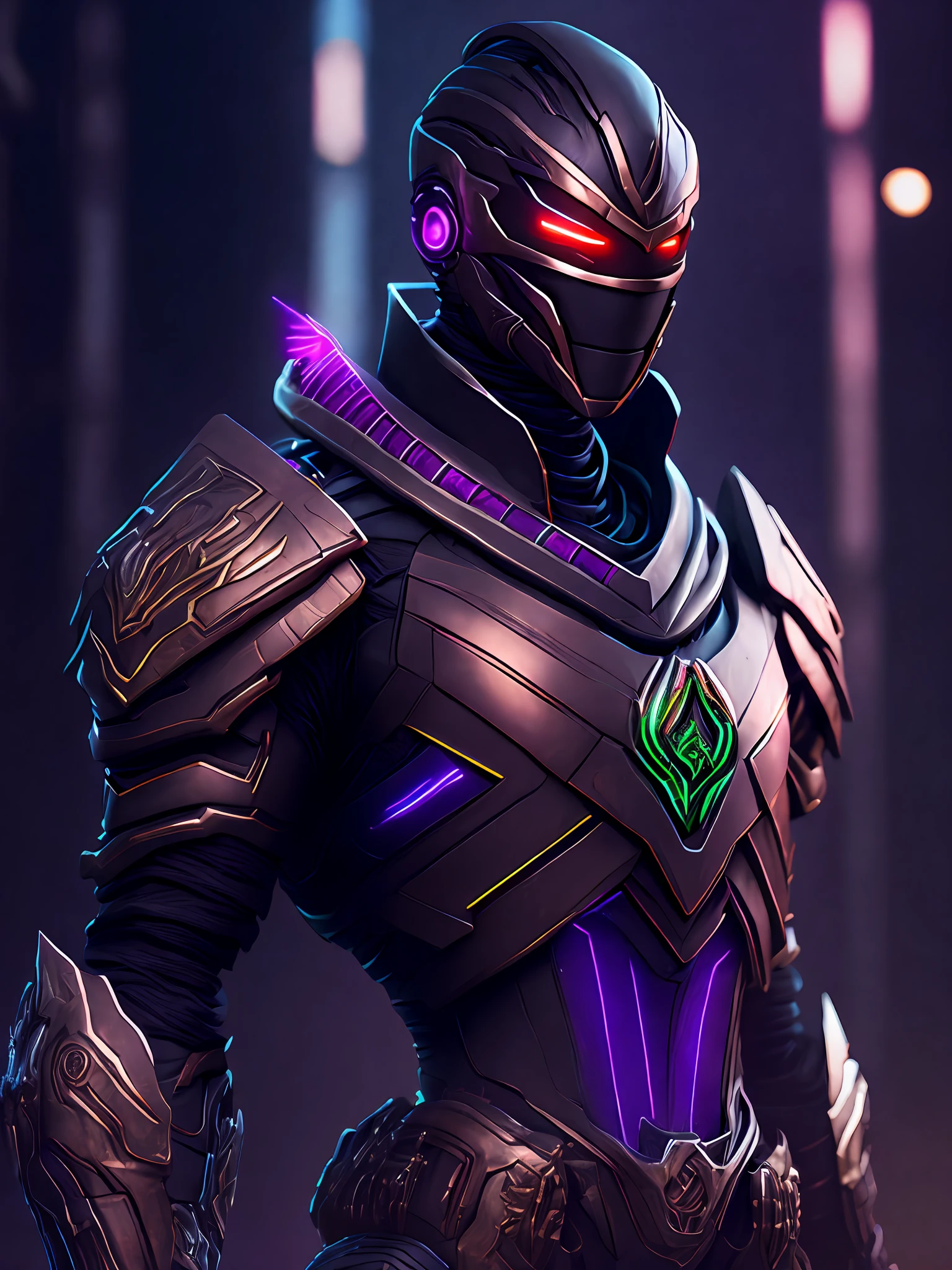 Portrait, Zombie Black Ranger from Power Rangers, biomechanical, complex robot, full growth, hyperrealistic, insane small details, extremely clean lines, cyberpunk aesthetic, masterpiece featured on Zbrush Central, gothic brutalist cathedral, cyberpunk, award-winning photo, bokeh, neon lights, cybernetic limb