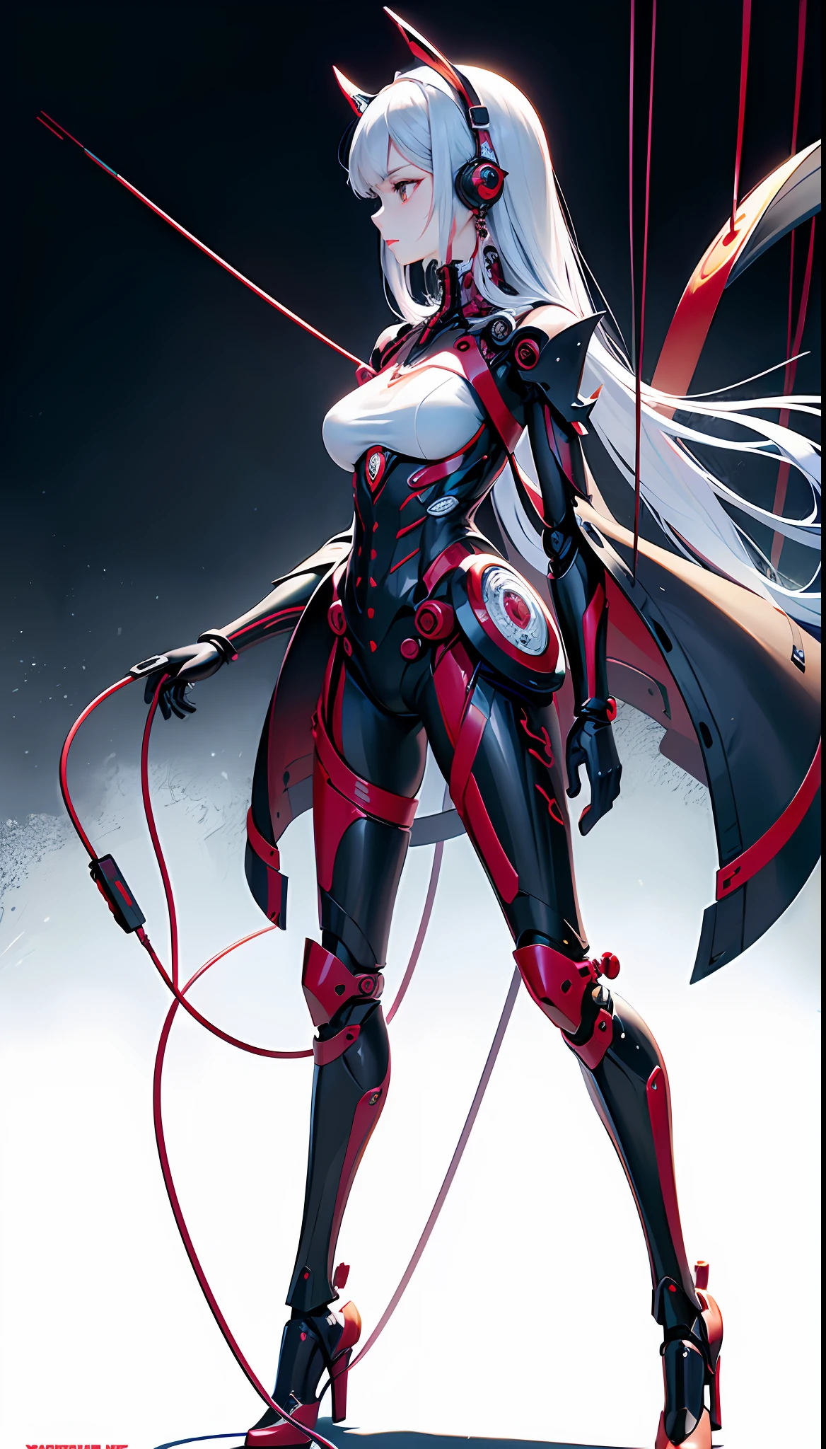 (Masterpiece, Top Quality, Best Quality, Official Art, Beautiful Indulgence: 1.2), (1 Girl: 1.3), Very Detailed, Colorful, Supreme Detail ((Ultra Detailed)), (Highly Detailed CG Illustration), (Very Delicate and Beautiful)), (From the Side), Cinematic Light, (1 Machine Girl)), Solo, Full Body, (Mechanical Joints: 1.2), ((Mechanical limbs)), (Blood vessels connected to tubes), ( Mechanical vertebrae attached to the back), ((Mechanical cervical vertebrae attached to the neck)), expressionless, (wires and cables attached to the neck: 1.2), (Head wires and cables: 1.2) (Character focus), (Lower body integrated with mechanical devices), Science fiction, (Blood: 1.5), cruelty, absurdity, eroticism, fusion with machines, Doomsday time, Super future, Inorganic, laboratory, restraint