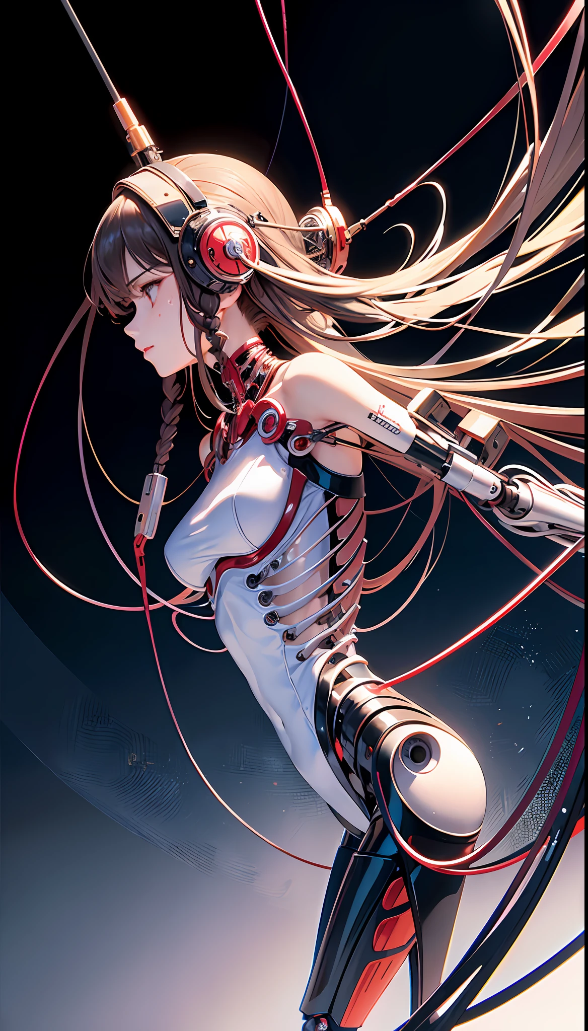 (Masterpiece, Top Quality, Best Quality, Official Art, Beautiful Indulgence: 1.2), (1 Girl: 1.3), Very Detailed, Colorful, Supreme Detail ((Ultra Detailed)), (Highly Detailed CG Illustration), (Very Delicate and Beautiful)), (From the Side), Cinematic Light, (1 Machine Girl)), Solo, Full Body, (Mechanical Joints: 1.2), ((Mechanical limbs)), (Blood vessels connected to tubes), ( Mechanical vertebrae attached to the back), ((Mechanical cervical vertebrae attached to the neck)), expressionless, (wires and cables attached to the neck: 1.2), (Head wires and cables: 1.2) (Character focus), (Lower body integrated with mechanical devices), Science fiction, (Blood: 1.5), cruelty, absurdity, eroticism, fusion with machines, Doomsday time, Super future, Inorganic, laboratory, restraint