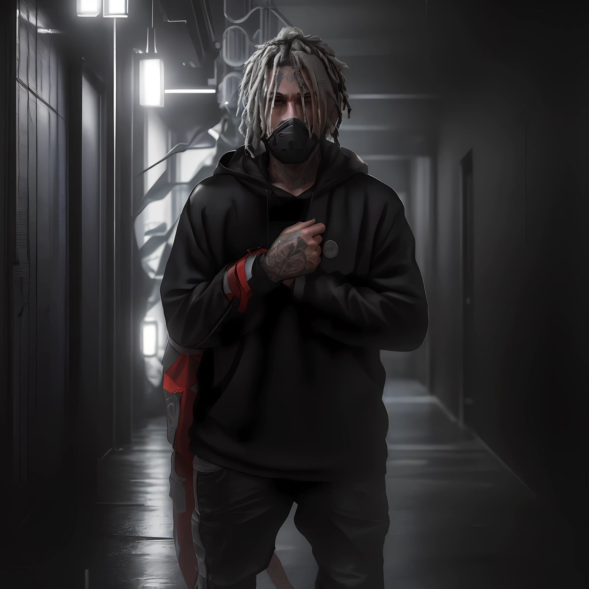 beautiful white man with white dreadlocks and a modern hoodie standing, (perfect proportions), sicko, trending, photo from a promo shoot, end of an era, official artwork, promo image, RAW, beautiful man, half-open strawberry lips, dimples, wistful look, (white dreads), ((detailed face)), ((detailed facial features)), (finely detailed skin), pale skin, (the megacity cyberpunk environment, neon lights, skyscrapers), ((in a dark hallway)), soft natural light, wet skin, cyberpunk megacity environment, (cool colors), damp, reflections, (masterpiece) (perfect aspect ratio), (realistic photo), (best quality), (detailed) photographed on a Canon EOS R5, 50mm lens, F/2.8, HDR, (8k) (wallpaper) (cinematic lighting) (dramatic lighting) (sharp focus) (intricate), RAW photo, RAW photo, gigachad photo, posing for camera, black jeans, arms behind, 8k uhd, dslr, high quality, film grain, Fujifilm XT3, extremely detailed, photorealistic, realistic, incredibly absurd, highly detailed, sharp focus, (Professional Studio Lighting), (Professional Color Grading), Edge Lighting, Dramatic lighting, Cinematic lighting, Lumen reflections, Soft natural lighting, Soft color, Photon mapping, Radiosity, (Beautiful eyes), (Detailed eyes), (Detailed face), symmetrical eyes, sharp eyes, cold face, full body), (HIGH LEVEL OF DETAIL), high detailed skin, uncharacterized texture, hyper detailed, realistic skin texture, armor, best quality, ultra high res, (photorealistic: 1.4) high resolution, detailed, raw photo, sharp re, veins in the body, lil peep, masked, shinobi, alternate album cover, xxxtentacion, album art cover, album art, new album cover, yung lean, music album cover, rap album cover, colored album art, hardops, arca album cover, an album cover, album artwork, sicko, trending, anime artsyle, dark, darkness, shadows, orange, blood, bandana, shinobi mask