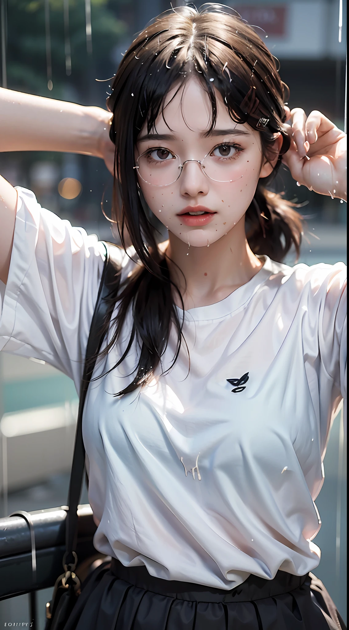 best image quality, masterpiece, super high resolution, (fidelity:1.4), photo, 1 pretty girl, white skin, extra large, cute pose with glasses, white shirt, movie, (wet clothes, real rain, wet hair.)