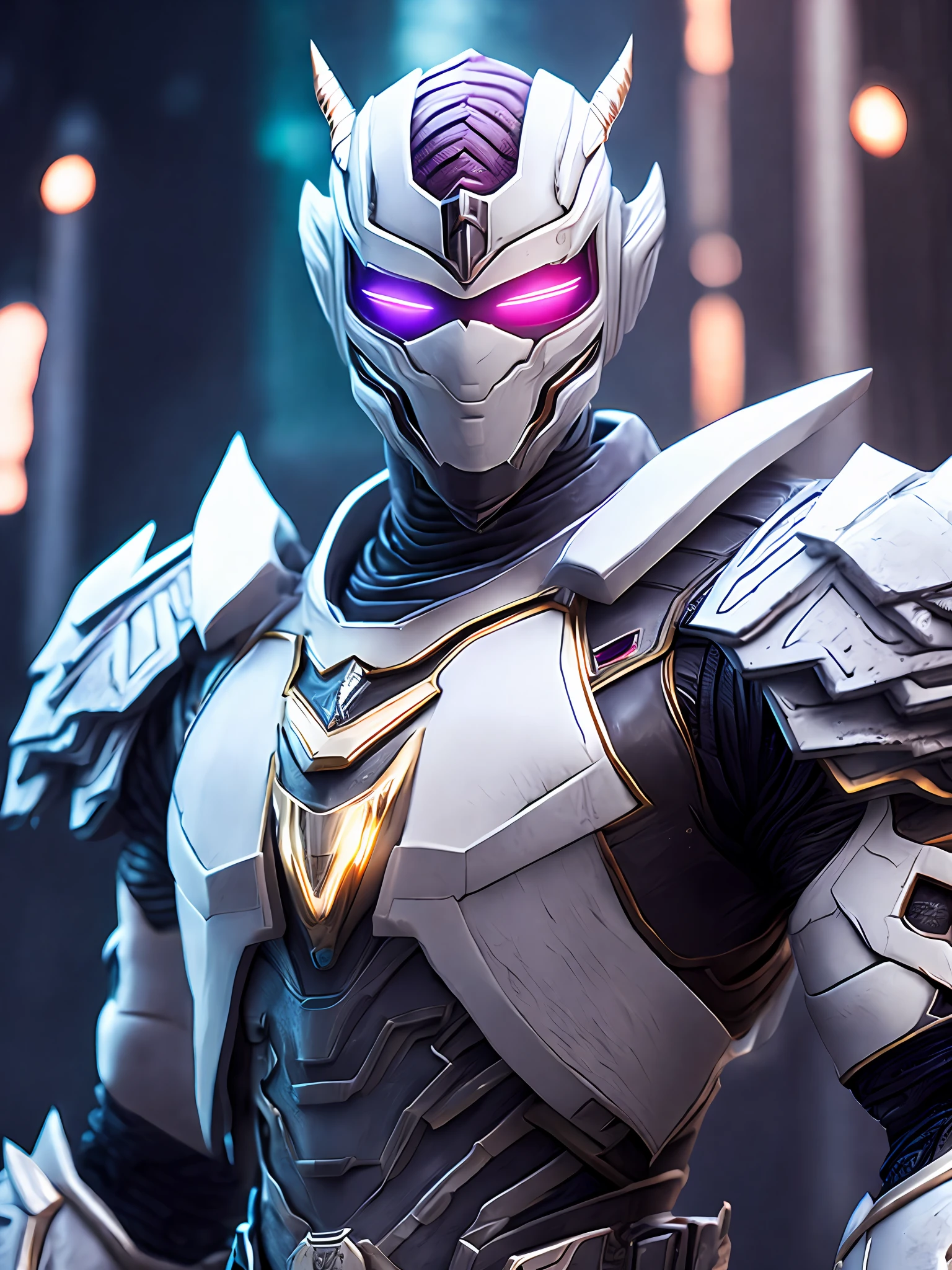 Portrait, Zombie White Ranger from Power Rangers, biomechanical, complex robot, full growth, hyperrealistic, insane small details, extremely clear lines, cyberpunk aesthetic, masterpiece featured at Zbrush Central, gothic brutalist cathedral, cyberpunk, award-winning photo, bokeh, neon lights, cybernetic limb