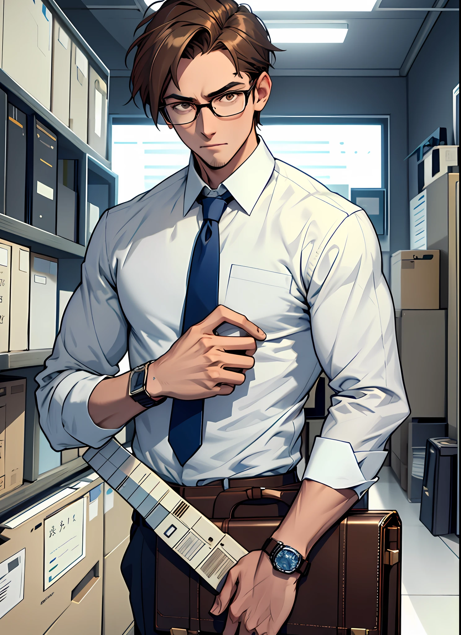 1 boy, skinny, brown-haired, glasses, brown eyes, ((masterpiece, highest quality)), urban, office, white cutter shirt, sleeves, watch viewer, blue tie, briefcase, depth of field,