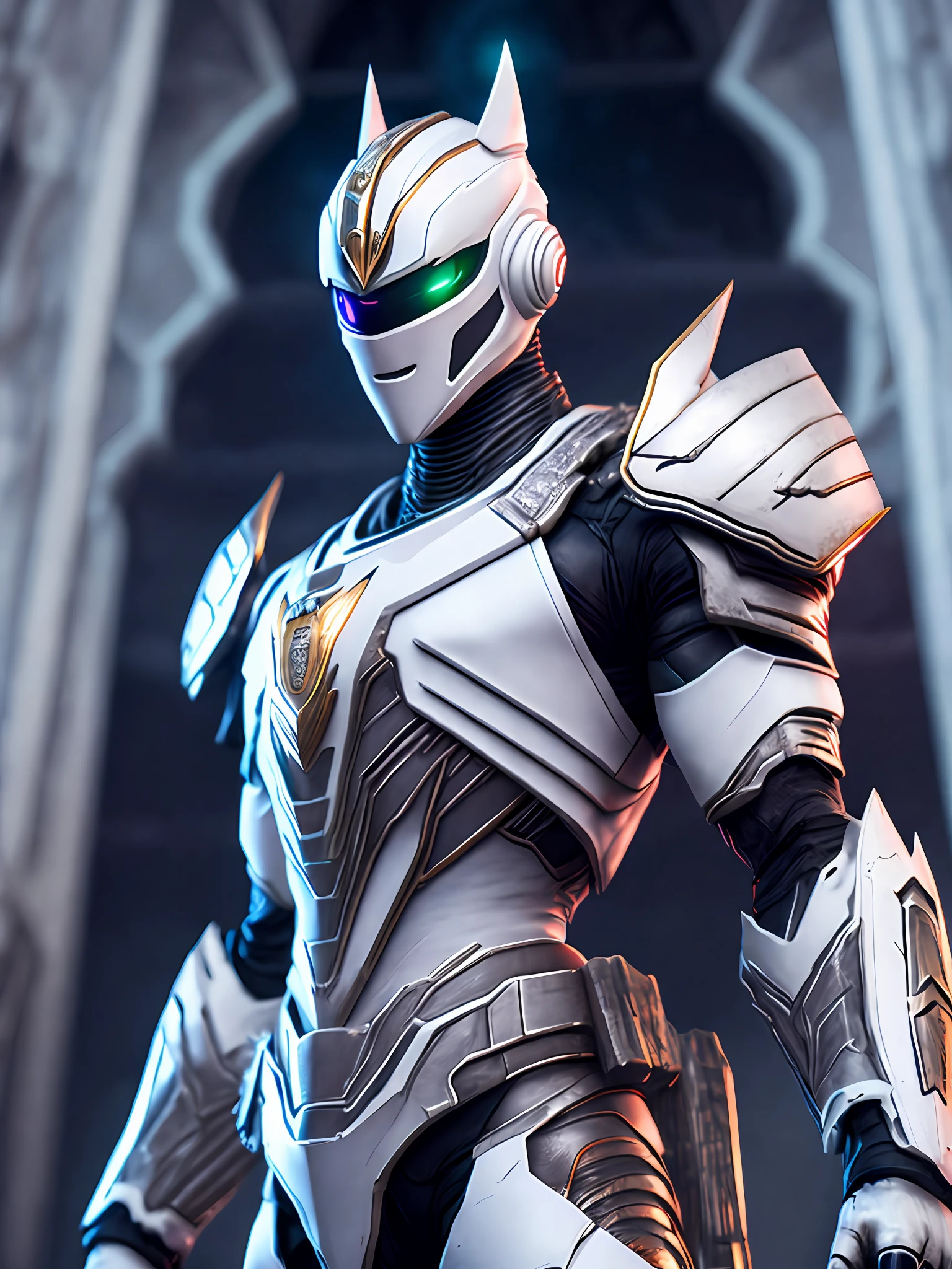 Portrait, Zombie White Ranger from Power Rangers, biomechanical, complex robot, full growth, hyperrealistic, insane small details, extremely clear lines, cyberpunk aesthetic, masterpiece featured at Zbrush Central, gothic brutalist cathedral, cyberpunk, award-winning photo, bokeh, neon lights, cybernetic limb