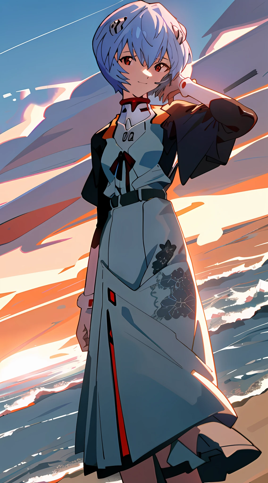 1 girl, Ayanami, Evangelion, 8K, best quality, gentle smile, standing on the beach, looking at the audience, dusk light, more details, sexy black lace