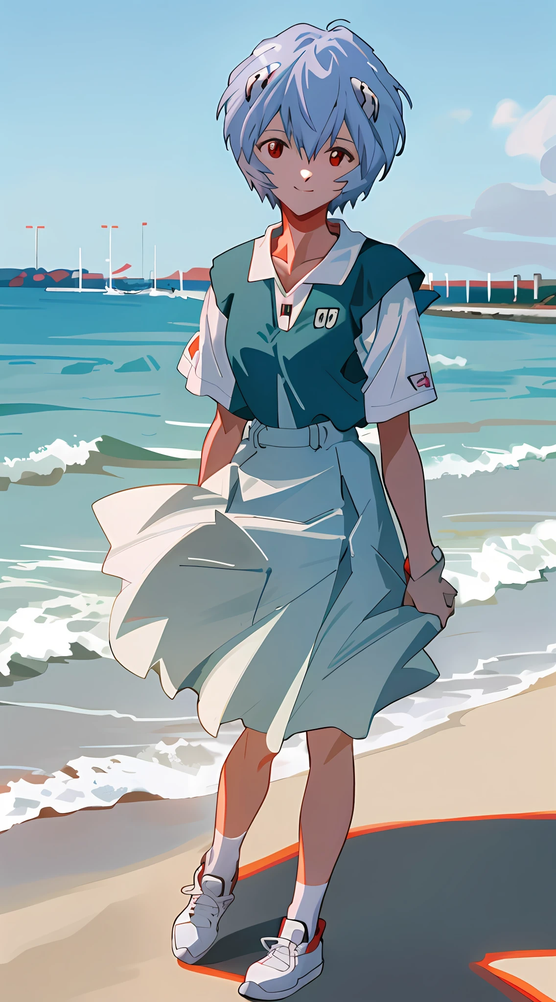 1 girl, Ayanami, Evangelion, 8K, best quality, gentle smile, standing on the beach, looking at the audience, dusk light, more details, white polo shirt, white sneakers, tennis wear, white miniskirt,