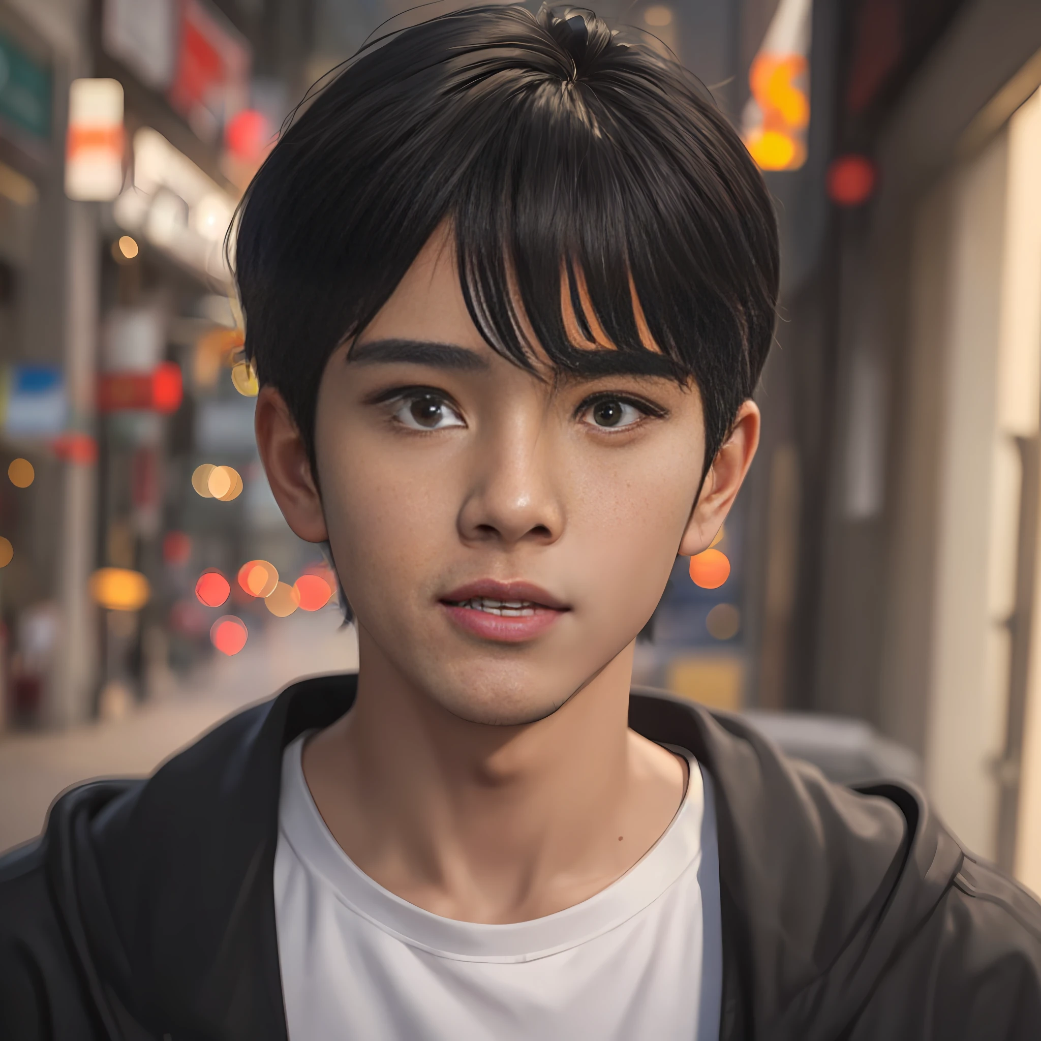 Masterpiece, best quality, (realistic, very detailed), boy, cute face, beautiful asian face, short black hair, urban clothes, sensual, atmosphere, (realism: 1.5), 8k
