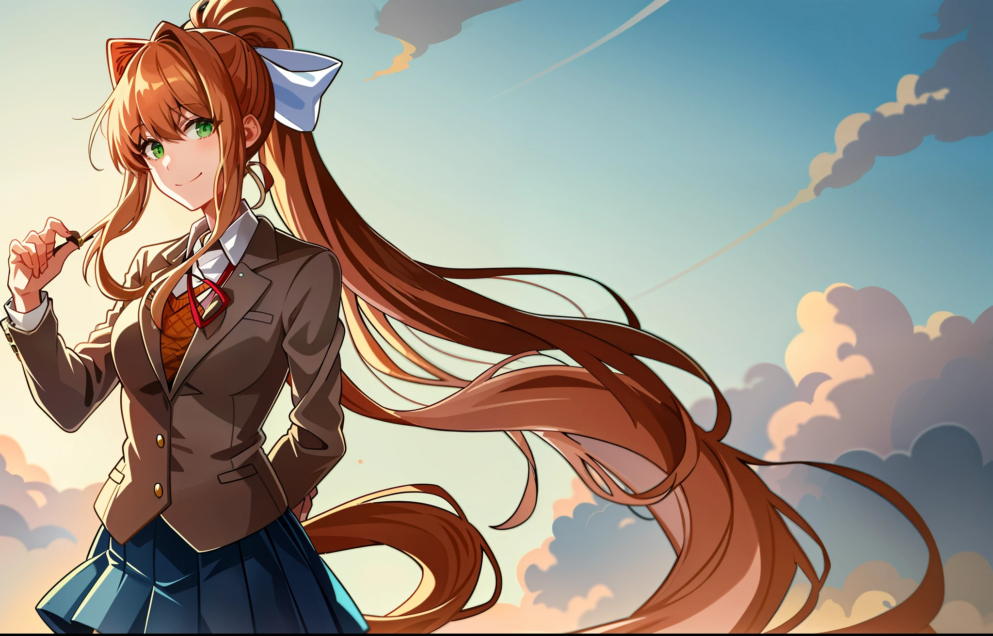 2d, masterpiece, best quality, anime, highly detailed, cowboy shot, 1girl, solo, monika, green eyes, very long hair, ponytail, school uniform, standing, straight-on, smile, white background, simple background