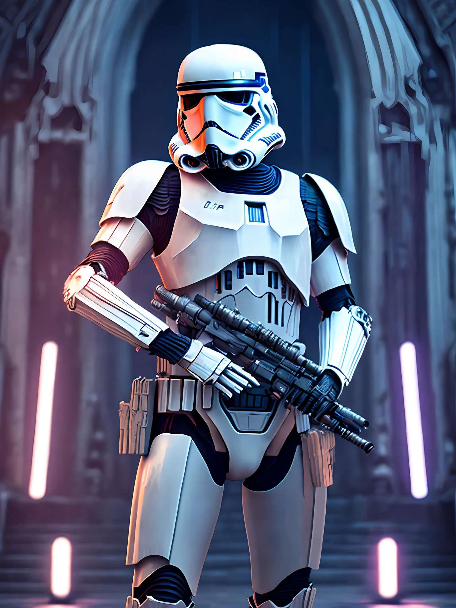 Portrait, Zombie Stormtrooper from Star Wars, biomechanical, complex robot, full growth, hyperrealistic, insane small details, extremely clean lines, cyberpunk aesthetic, masterpiece featured at Zbrush Central, gothic brutalist cathedral, cyberpunk, award-winning photo, bokeh, neon lights, cybernetic limb