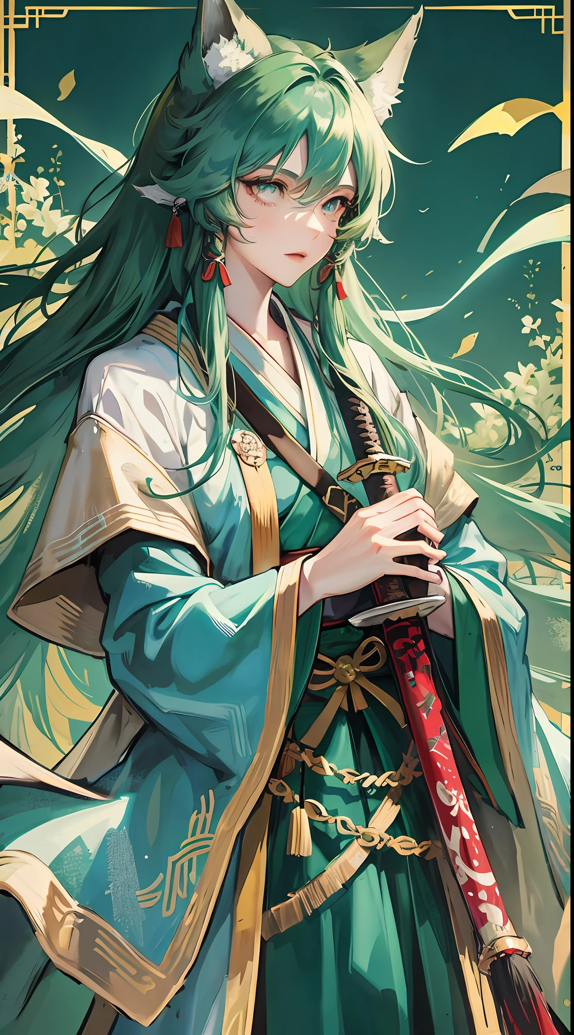 Tall guy, long dark green hair, wolf ears, turquoise eyes, hanfu, sword, masterpiece, high quality