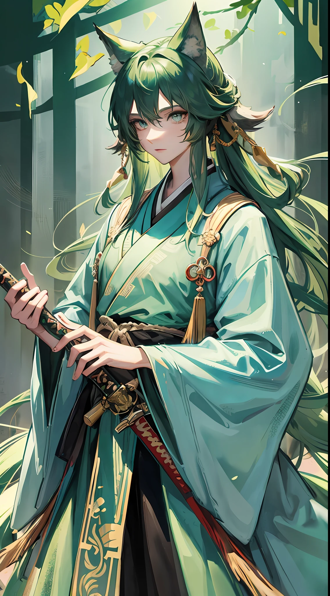Tall guy, long dark green hair, wolf ears, turquoise eyes, hanfu, sword, masterpiece, high quality