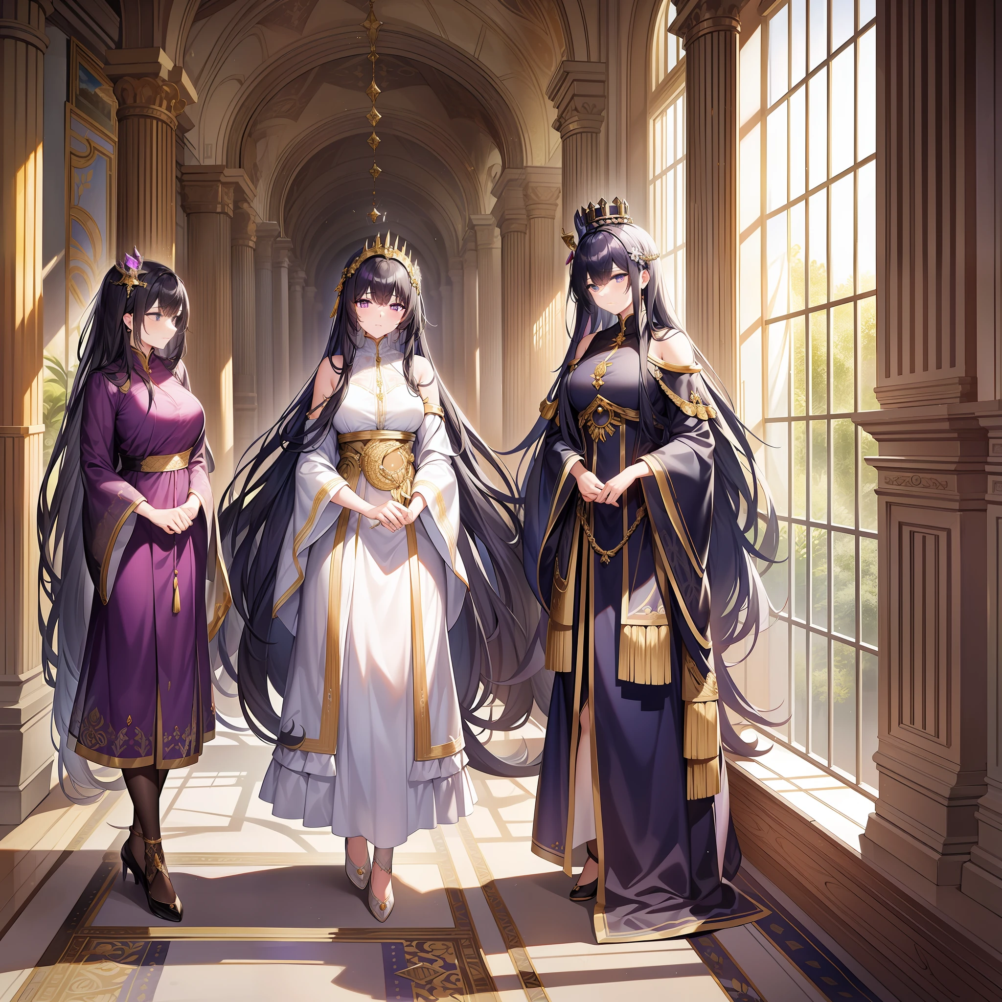 In a tall palace, three female emperors stood side by side, talking about government affairs. Among them, the black-haired female emperor wore a black robe and a golden crown on her head, she had a serious face and held a quill in her hand; The white-haired female emperor wore a white dress, a silver silk scarf, a white bow hair ornament on her head, her expression was kind, and she held a document in her hand; The purple-haired female emperor wore a purple long dress, a pair of silver high heels, and a purple garland on her head, her eyes were deep, and she held a thick scroll in her hand. Outside the huge glass windows inside the castle is a beautiful garden scene, through which sunlight spills into the hall, making the whole scene noble and gorgeous.