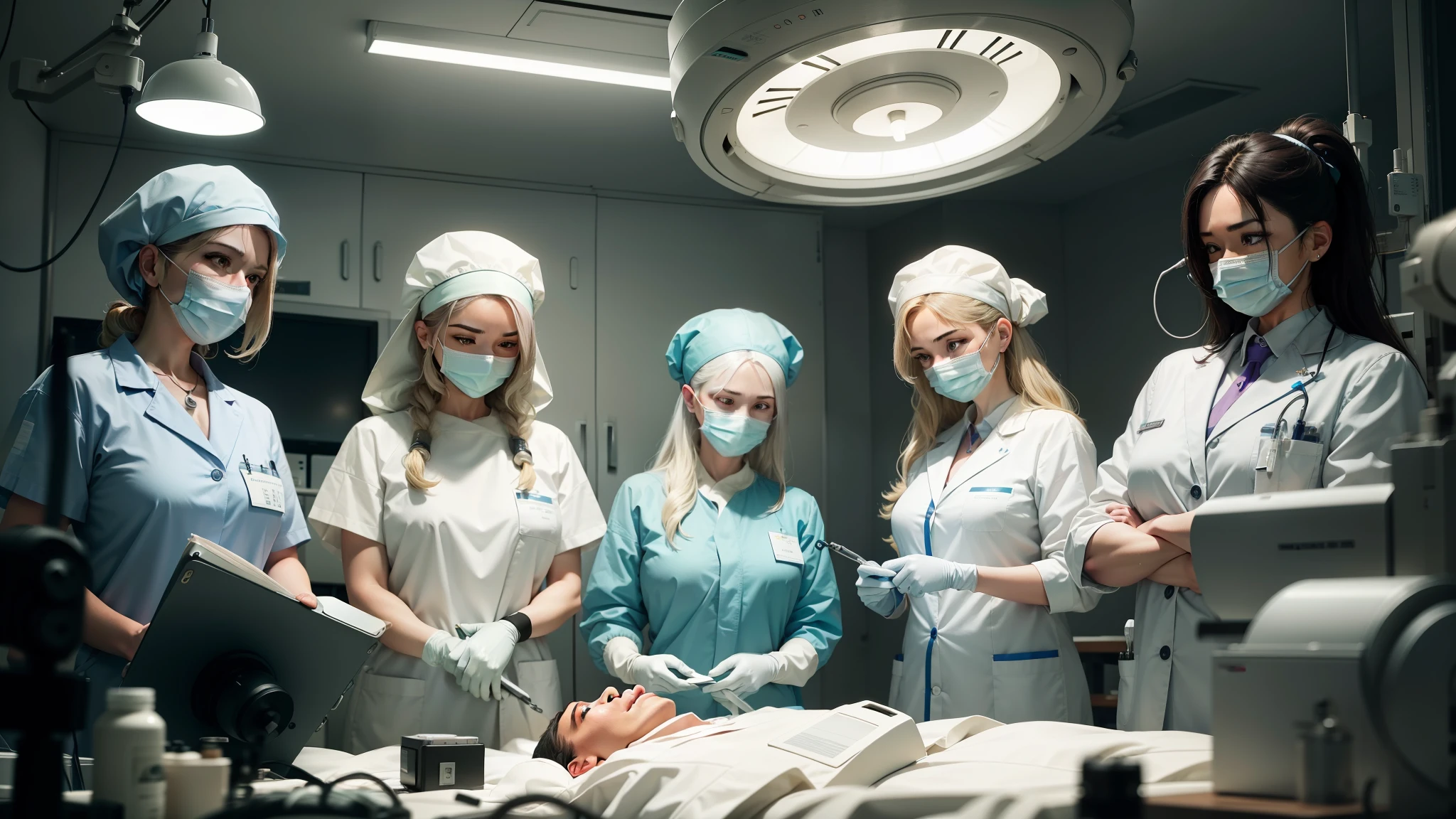 Inside the operating room, four doctors are performing a surgery with utmost precision and focus. [2] The surgeons are wearing sterile surgical gowns, masks, and gloves, highlighting their professionalism and dedication to their craft. Each doctor is attentively engaged in their respective tasks, their hands moving swiftly and purposefully. [3] The environment is pristine and well-lit, with state-of-the-art medical equipment neatly arranged around the operating table. The room is filled with a sterile, clinical ambiance, emphasizing the importance of hygiene and safety. [4] Despite the intensity of the procedure, there is an atmosphere of calm determination in the air. The doctors' focused expressions and unwavering concentration convey their commitment to saving lives and providing the best possible care for their patients. [5] Photography (Macro Lens, f/2.8, ISO 800) [6] Captured through a macro lens, this photograph brings the viewer up close to the intricate details of the surgical scene. The shallow depth of field highlights the hands of the surgeons, emphasizing their concentration and skill. The lighting enhances the clinical atmosphere, creating a realistic and immersive depiction of the surgical environment. --auto --s2