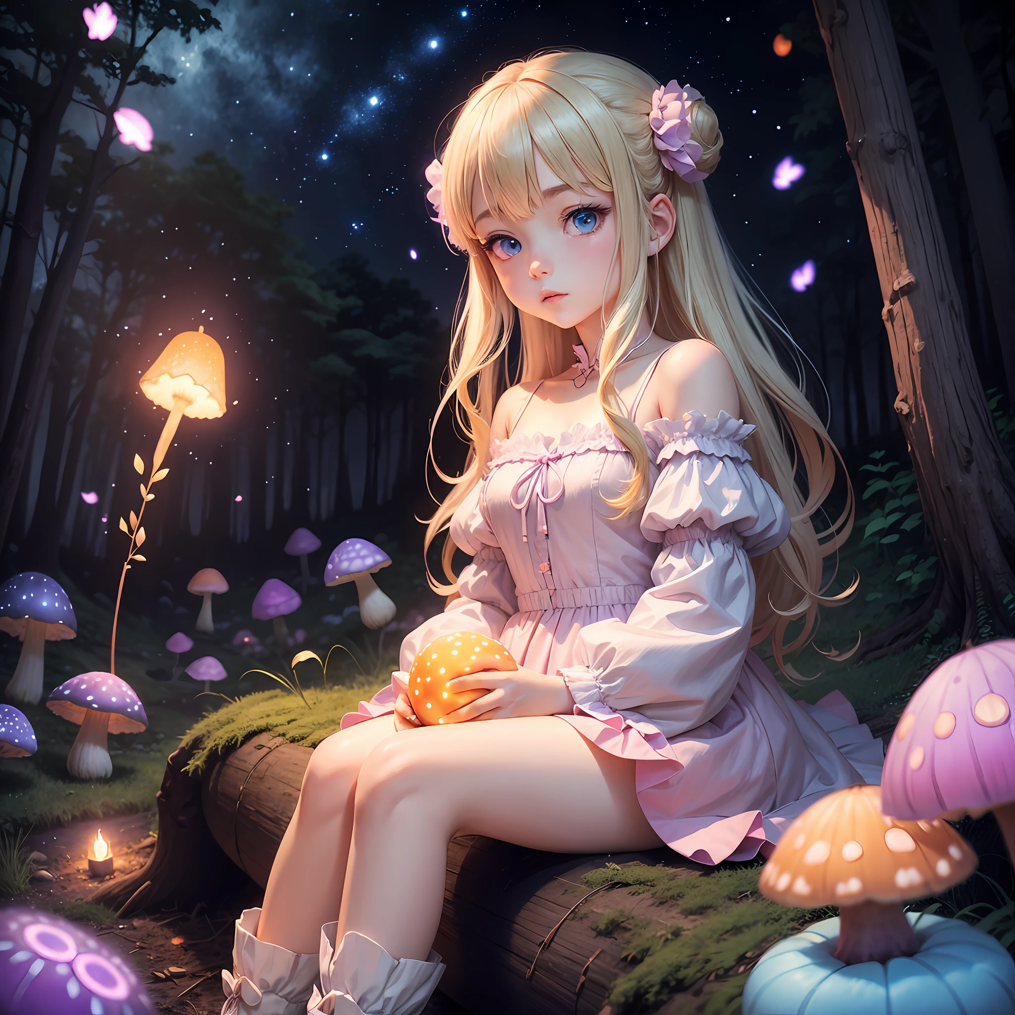 Light blonde haired anime girl with pale blue purple eyes wearing pink off shoulder puffy sleeves dress and knee length white boots sitting in the woods next to an orange mushroom surrounded by fireflies under starry sky sitting --auto --s2