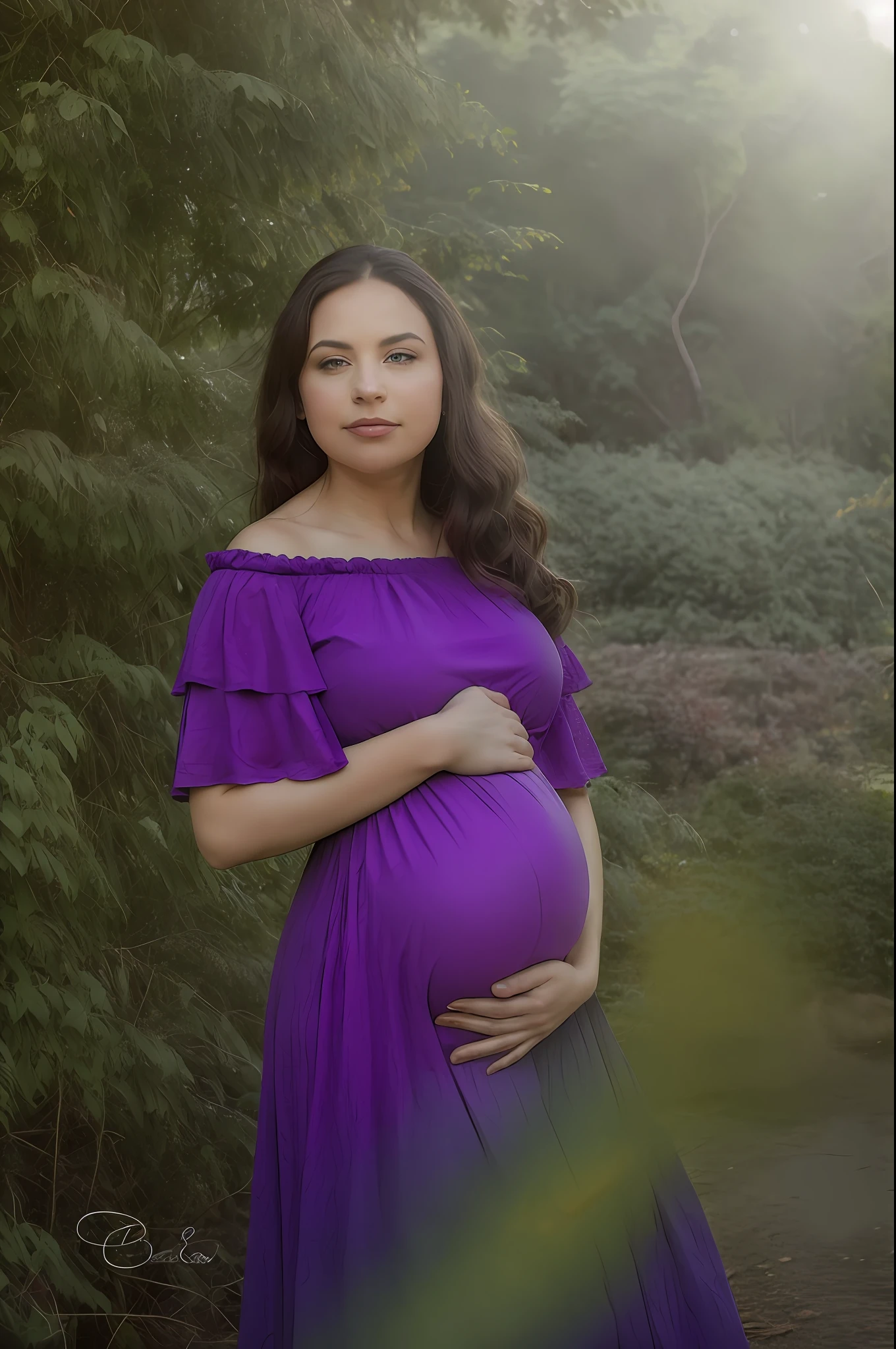 pregnant woman in purple dress standing in front of trees and bushes, maternal photography 4 k, pregnant belly, pregnancy, pregnant, portrait image, maternity feeling, portait image, photo shoot, portrait pose, profile pose, photo taken in 2 0 2 0, photo portrait, side portrait, photoshoot, mid body portrait, modeling photography, full body pose, side pose