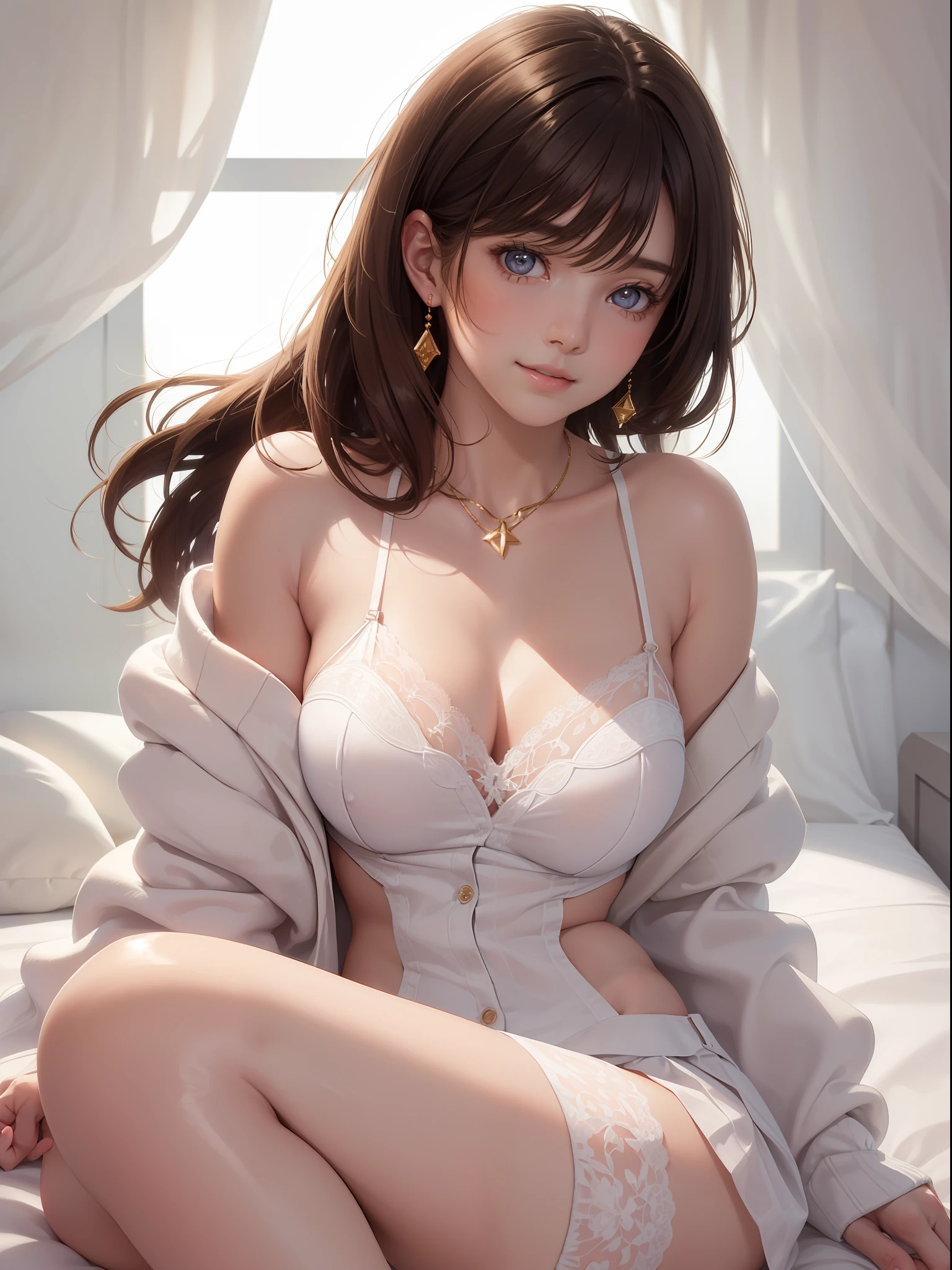 DETAILED, DENSE, MASTERPIECE, one girl, beautiful, wearing white cardigan, one girl lying on bed with blanket, brown hair, 22 years old, smooth skin, glowing skin, glowing hair, clear eyes, glowing eyes, brown eyes, soft lips, pale pink lips, (viewer Looking down: 0. 8) smiling slightly, cheeks stained, shy, mouth open, bangs, white sleeves, white clothing, one girl, soft skin, large , glowing skin, cinematic lighting, rich lighting, room lighting, simple gold necklace, diamond necklace, white Lace bra, white lace panties lace underwear, high angle, low angle, (Masterpiece: 1.0), (Realistic: 1.6), (Soft Focus: 1.5)