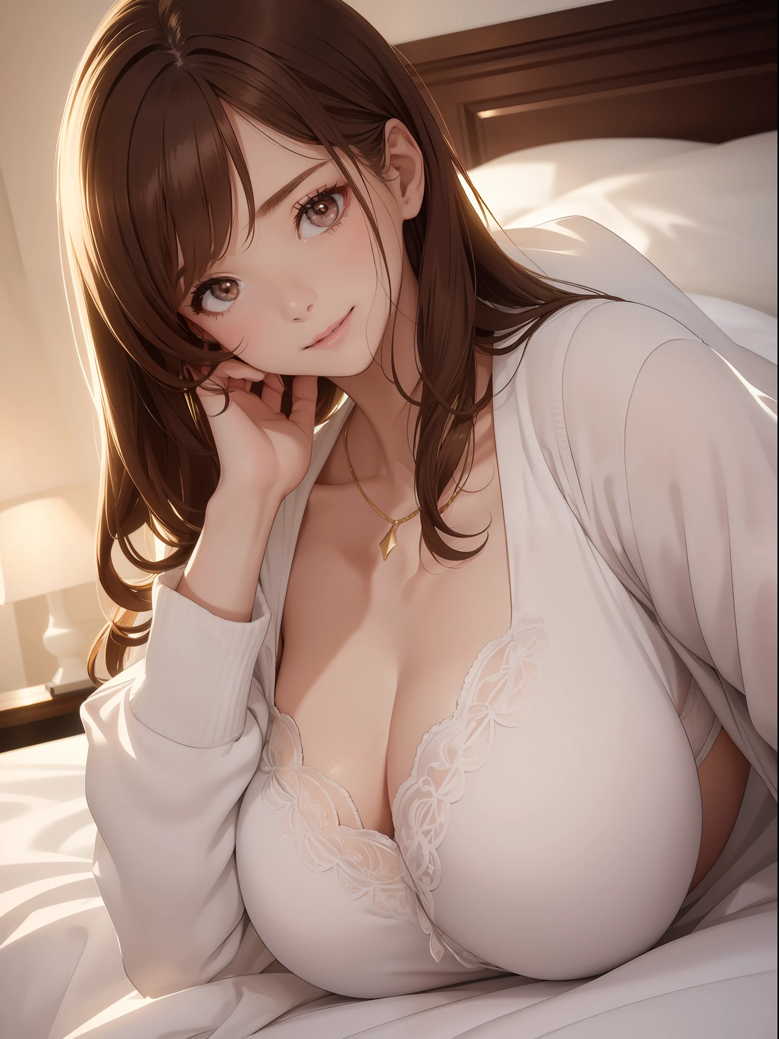 DETAILED, DENSE, MASTERPIECE, one girl, beautiful, wearing white cardigan, one girl lying on bed with blanket, brown hair, 22 years old, smooth skin, glowing skin, glowing hair, clear eyes, glowing eyes, brown eyes, soft lips, pale pink lips, (viewer Looking down: 0. 8) smiling slightly, cheeks stained, shy, mouth open, bangs, white sleeves, white clothing, one girl, soft skin, large breasts, glowing skin, cinematic lighting, rich lighting, room lighting, simple gold necklace, diamond necklace, white Lace bra, white lace panties, white lace underwear, high angle, low angle, (Masterpiece: 1.0), (Realistic: 1.6), (Soft Focus: 1.5)