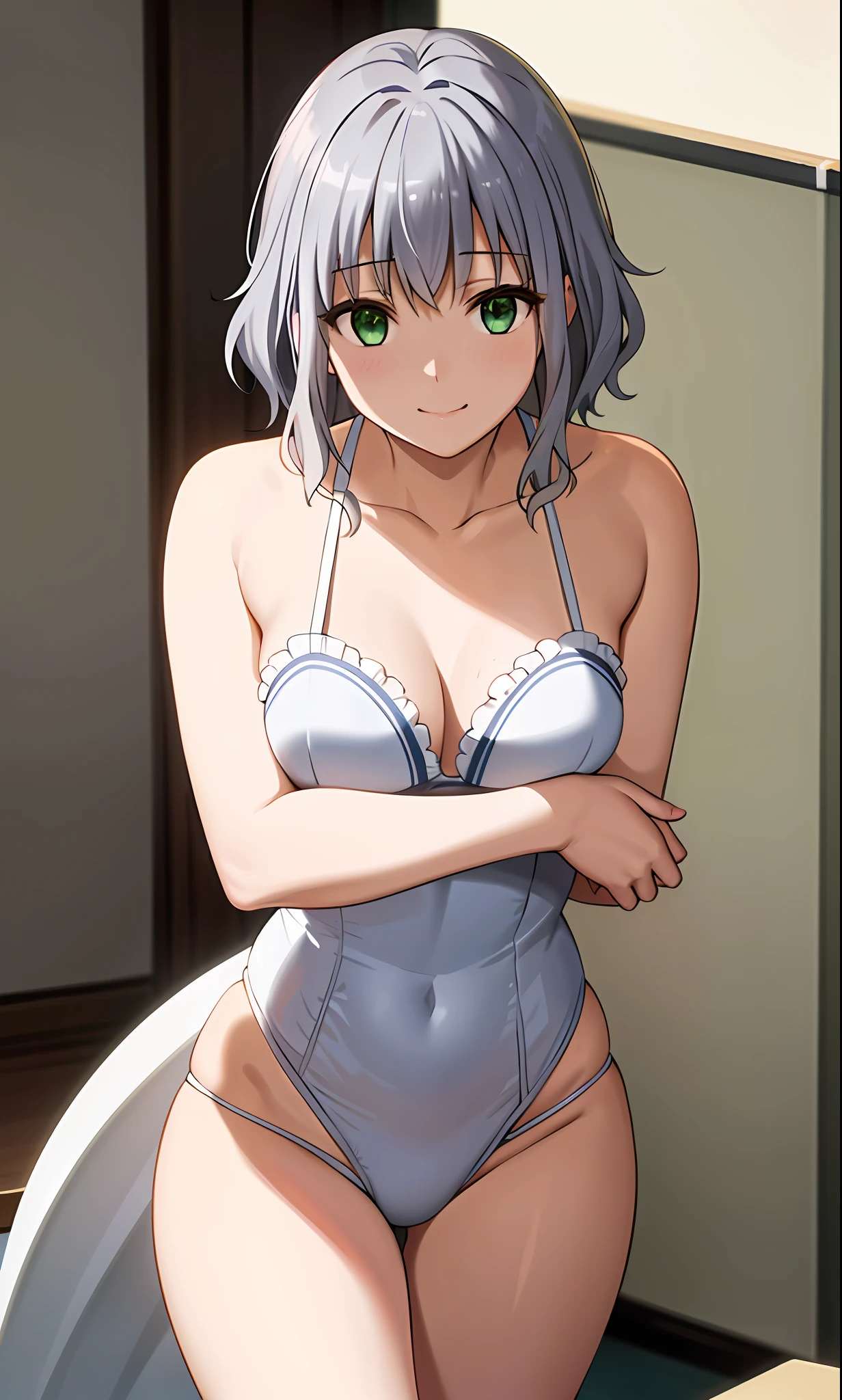 Top quality, (masterpiece: 1.2), very detailed, own room, 1 girl, solo, (muse), smile, watching the viewer, gray hair, circle of angels, short hair, hair ornament, green eyes, light in the eyes, white sailor suit, white underwear, in the middle of changing, realistic, from the knee up, glowing skin, fair skin, (medium breasts) ultra-realistic, realistic, realistic, portrait, blur,