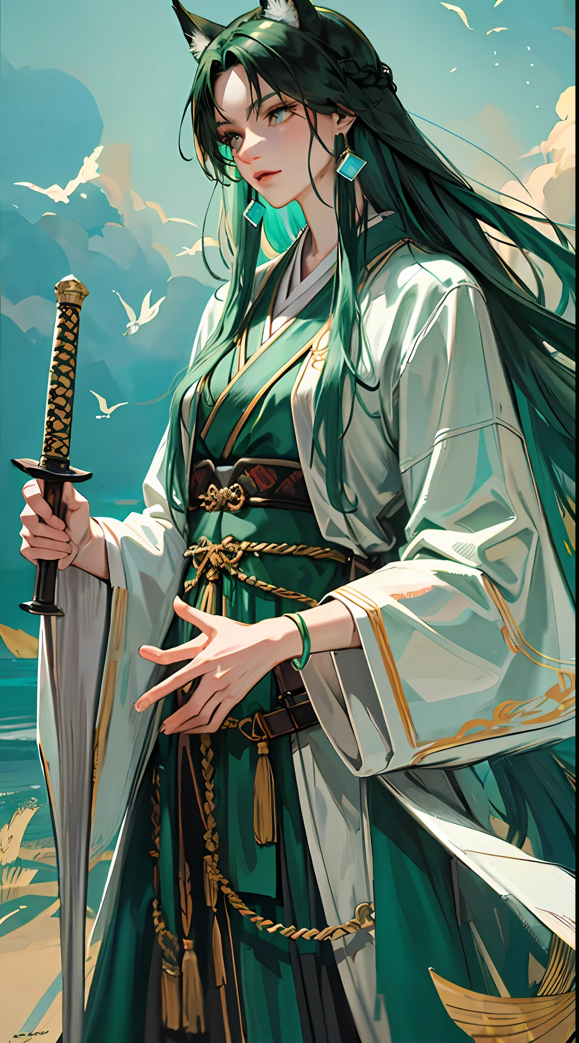 Tall guy, long dark green hair, wolf ears, turquoise eyes, hanfu, sword, masterpiece, high quality