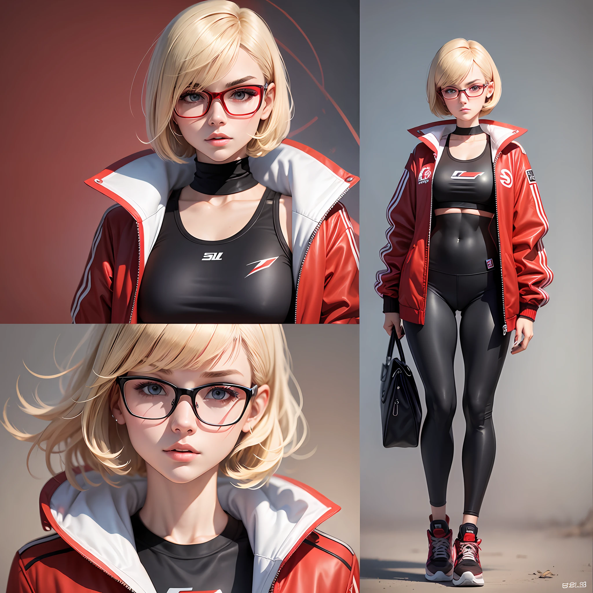 cartoon character, tall, pretty, young, teenager, short blonde hair, bangs, wears red glasses, confident face, has an athletic body, black wears leggings, wears a white jacket with red details --auto --s2
