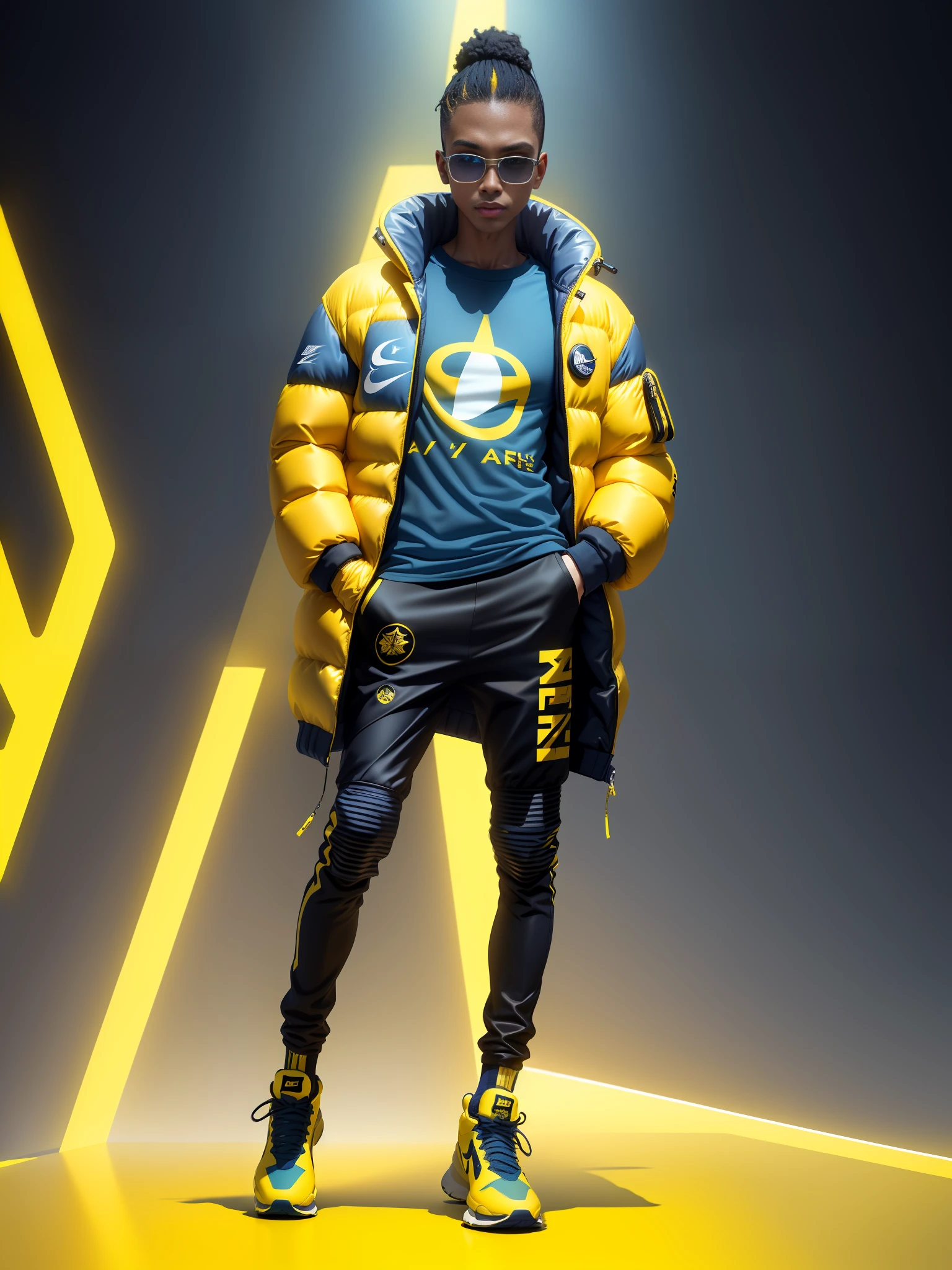 A stylish one-man design space background full of bubbles and fluffy winter down jacket design space background Cyberpunk ((yellow sea blue: 1.3) + (fashion: 1.1) + (trendy: 1.2)), (nike logo), (corona rendering), ((winter down jacket concept + concept art design): 1.3), (8K: 1.3), (2:3 aspect ratio + warm color Q2), (750 pixels), ((fashion elements) :( 1.1+ Yellow navy blue T-shirt blends with fashion elements)), (Dynamics: 5)