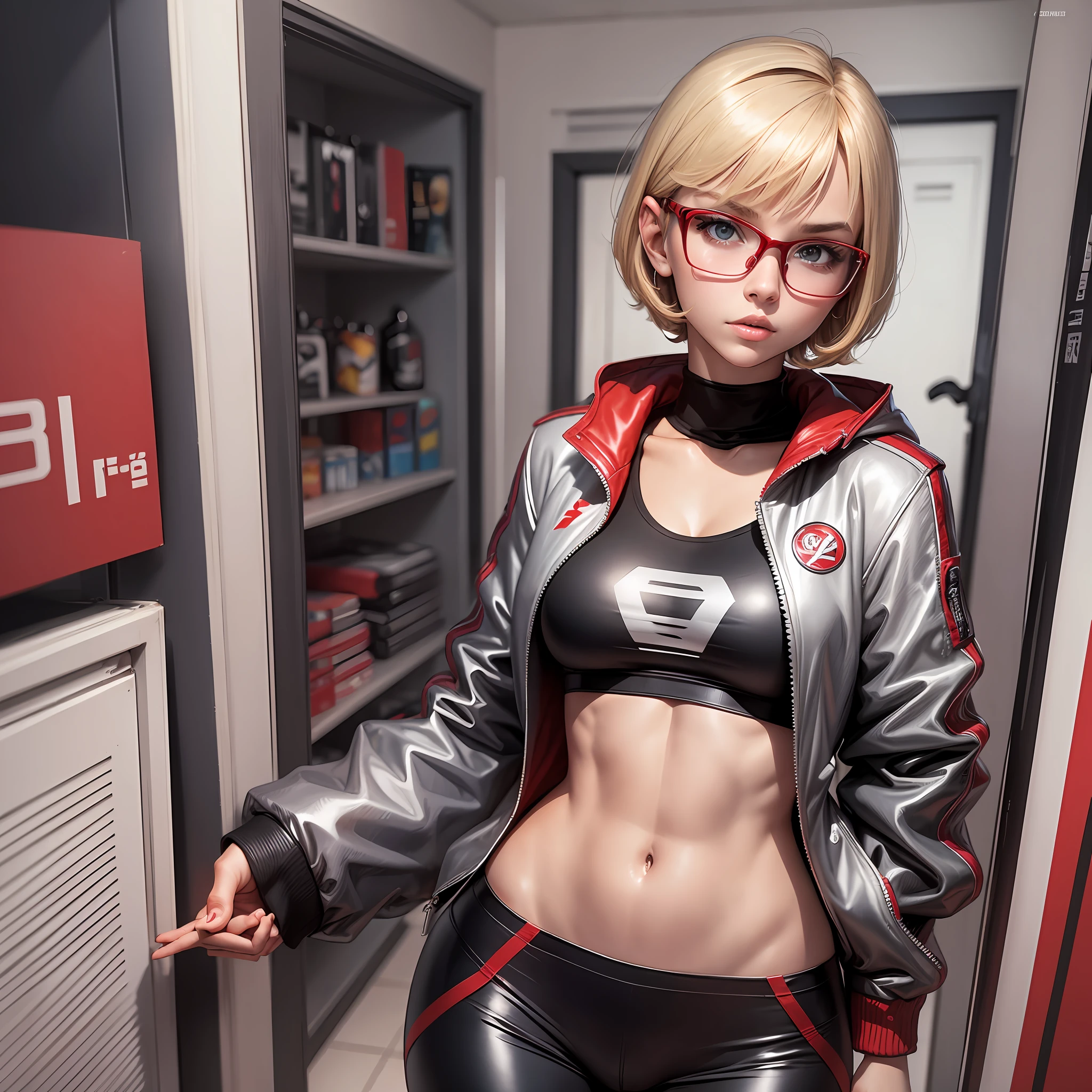 comics character, tall, pretty, young, teenager, short blonde hair, bangs, wears red glasses, confident face, has an athletic body, black wears leggings, wears a white jacket with red details --auto --s2