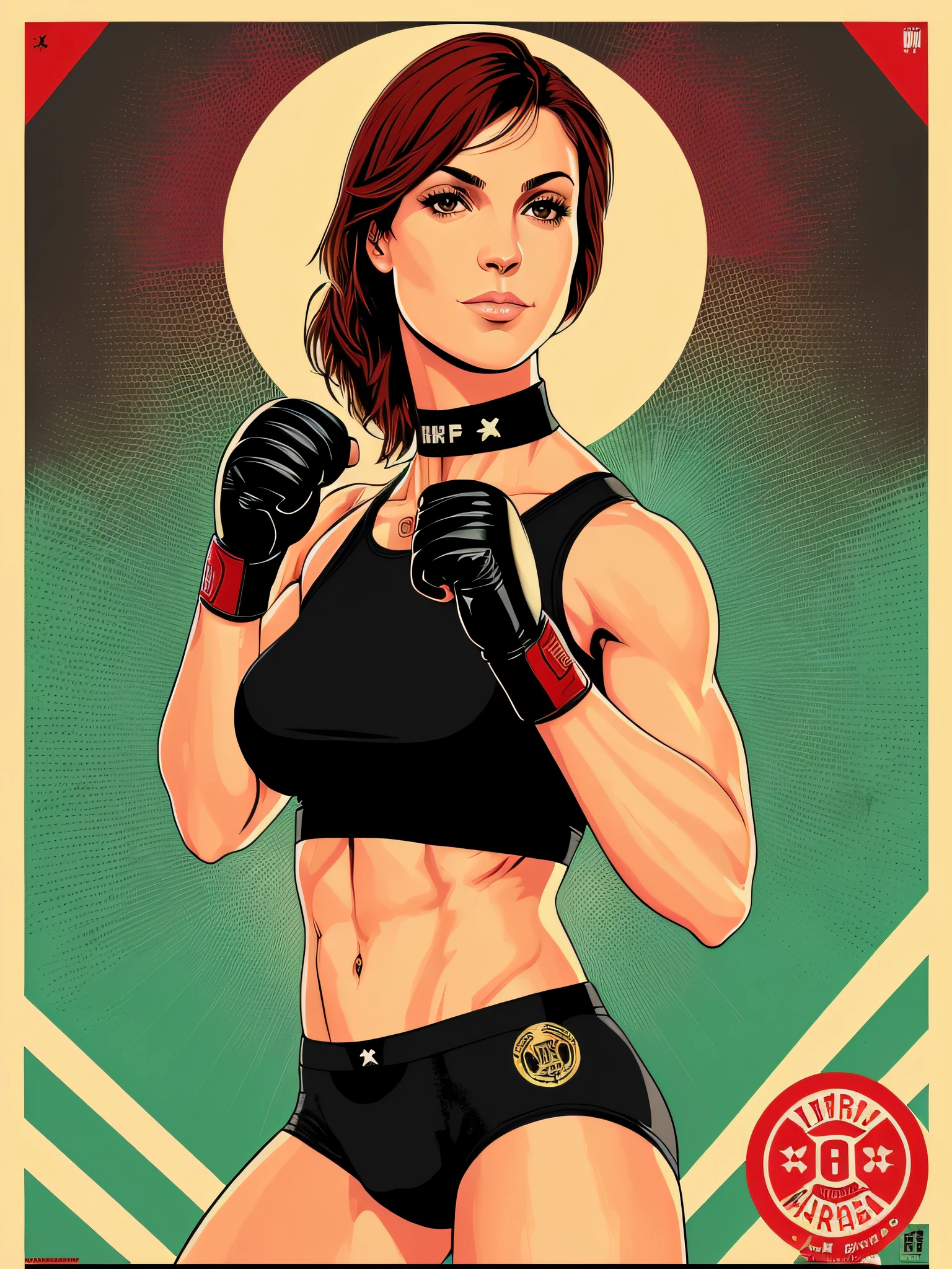 (art by Shepard Fairey:1.1), sharp image, 8k, rim light, poster, hdr, (female boxer:1.1), fitness woman, big boxer gloves, in sport underwear, boxer in the rack