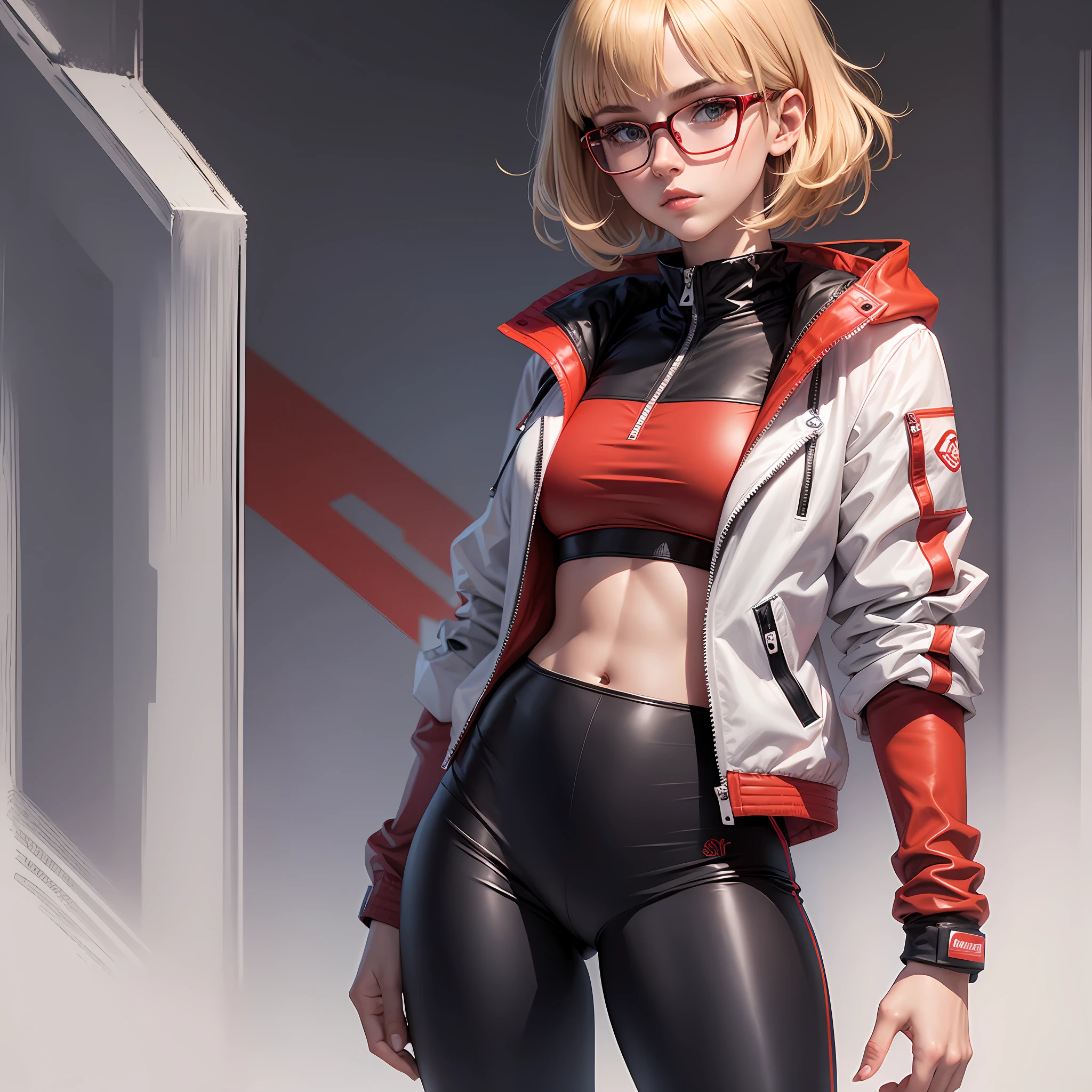 comics character, tall, pretty, young, ager, short blonde hair, bangs, wears red glasses, confident face, has an athletic body, black wears leggings, wears a white jacket with red details --auto --s2