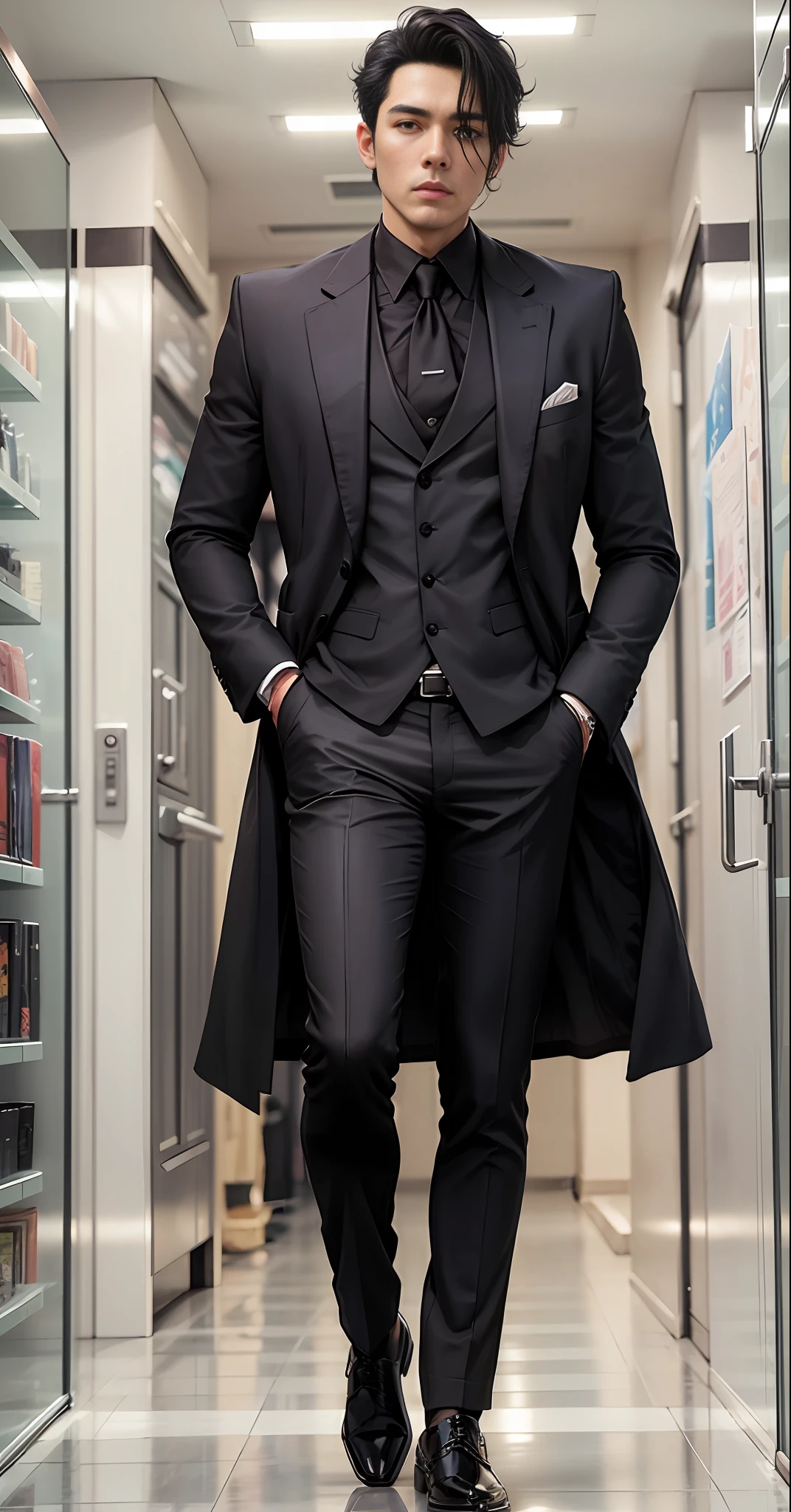 full body, full body,standing, man, black hair, man,man, wearing coat, suit --auto --s2